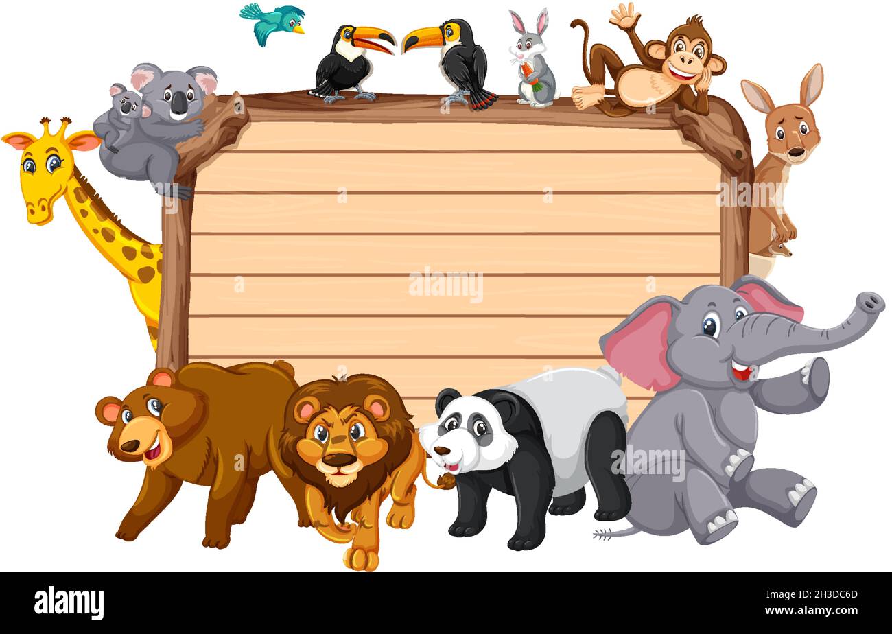 Empty wooden board with various wild animals illustration Stock Vector ...