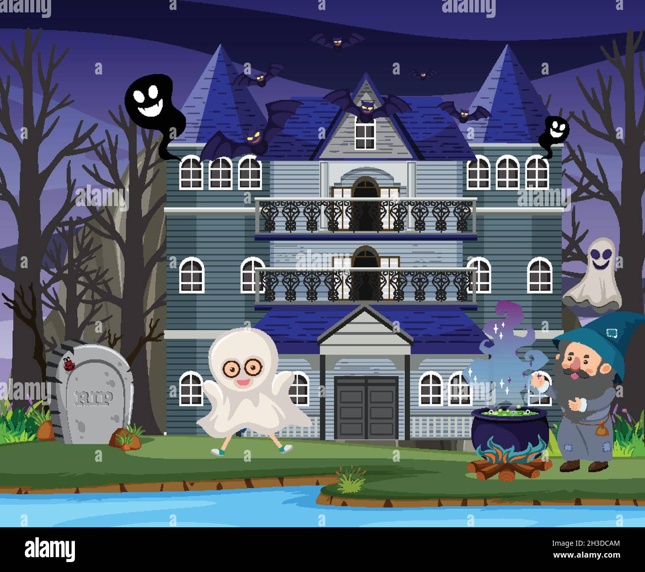 Scene with halloween haunted mansion at night illustration Stock Vector ...