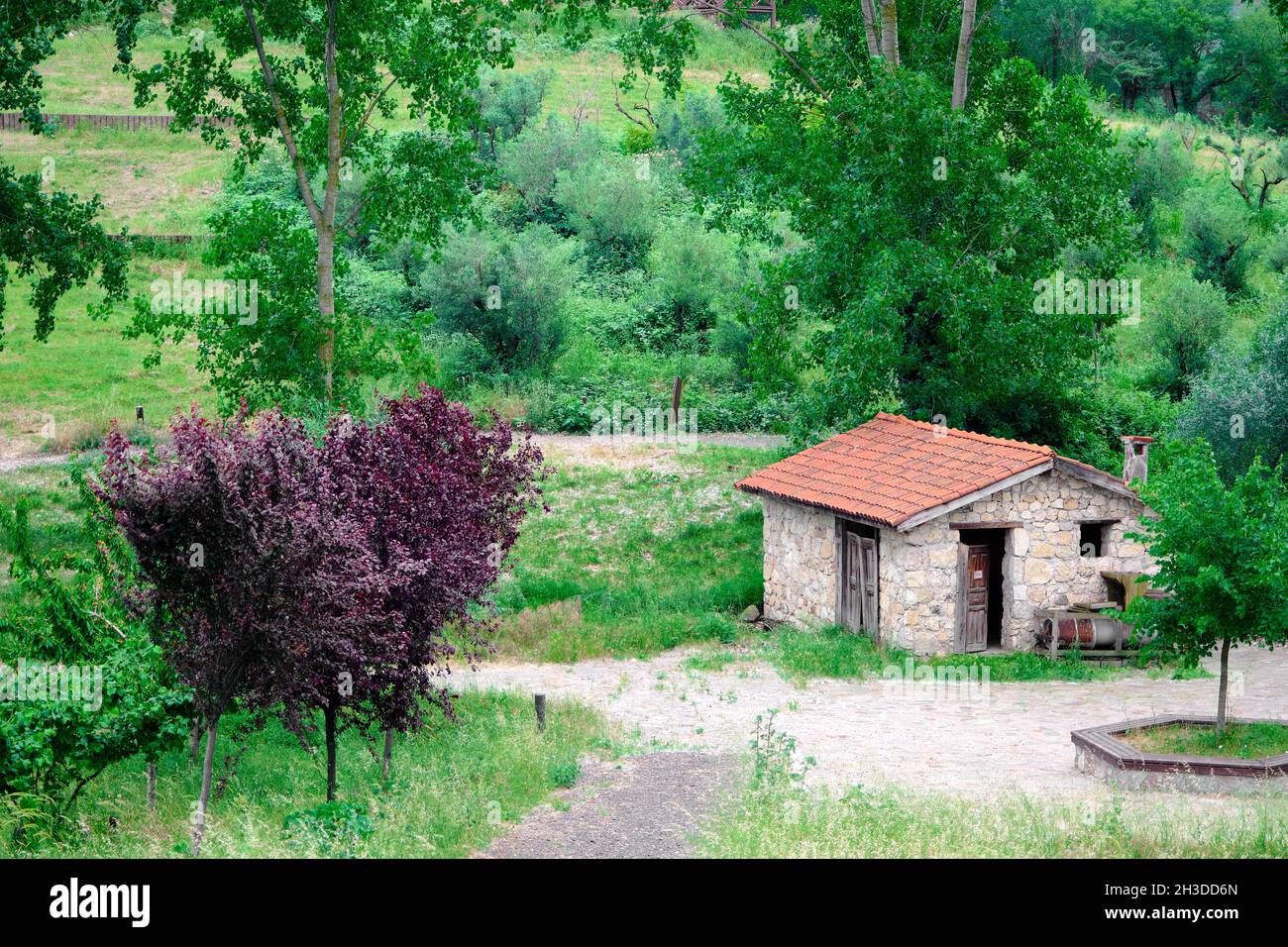 Small vintage village house with red bricks roofs inside green and