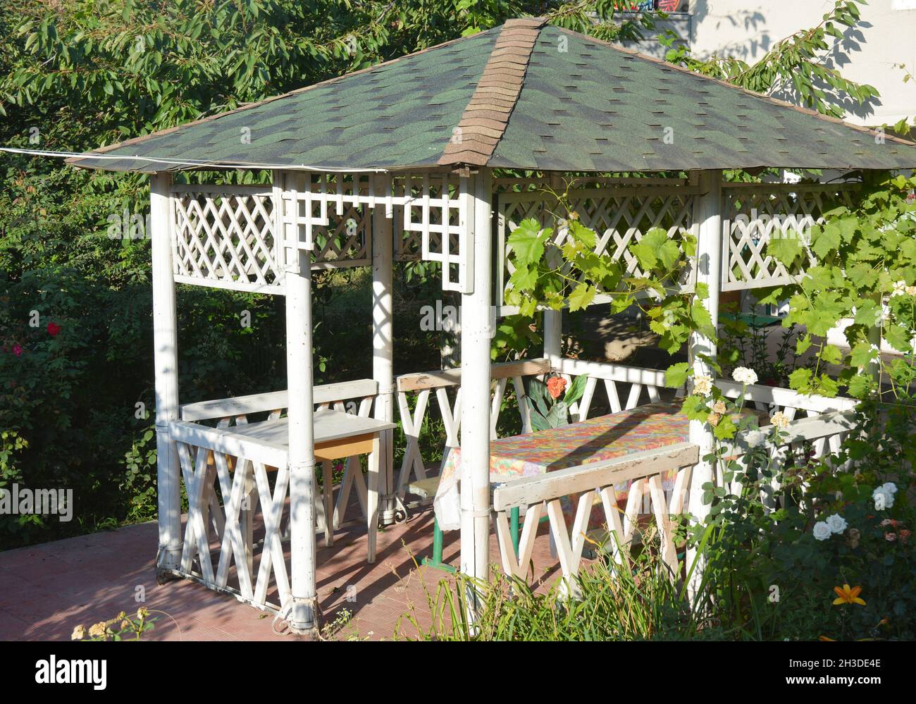 Beautiful alcove, wooden arbor, pavilion, bower, summer house, garden