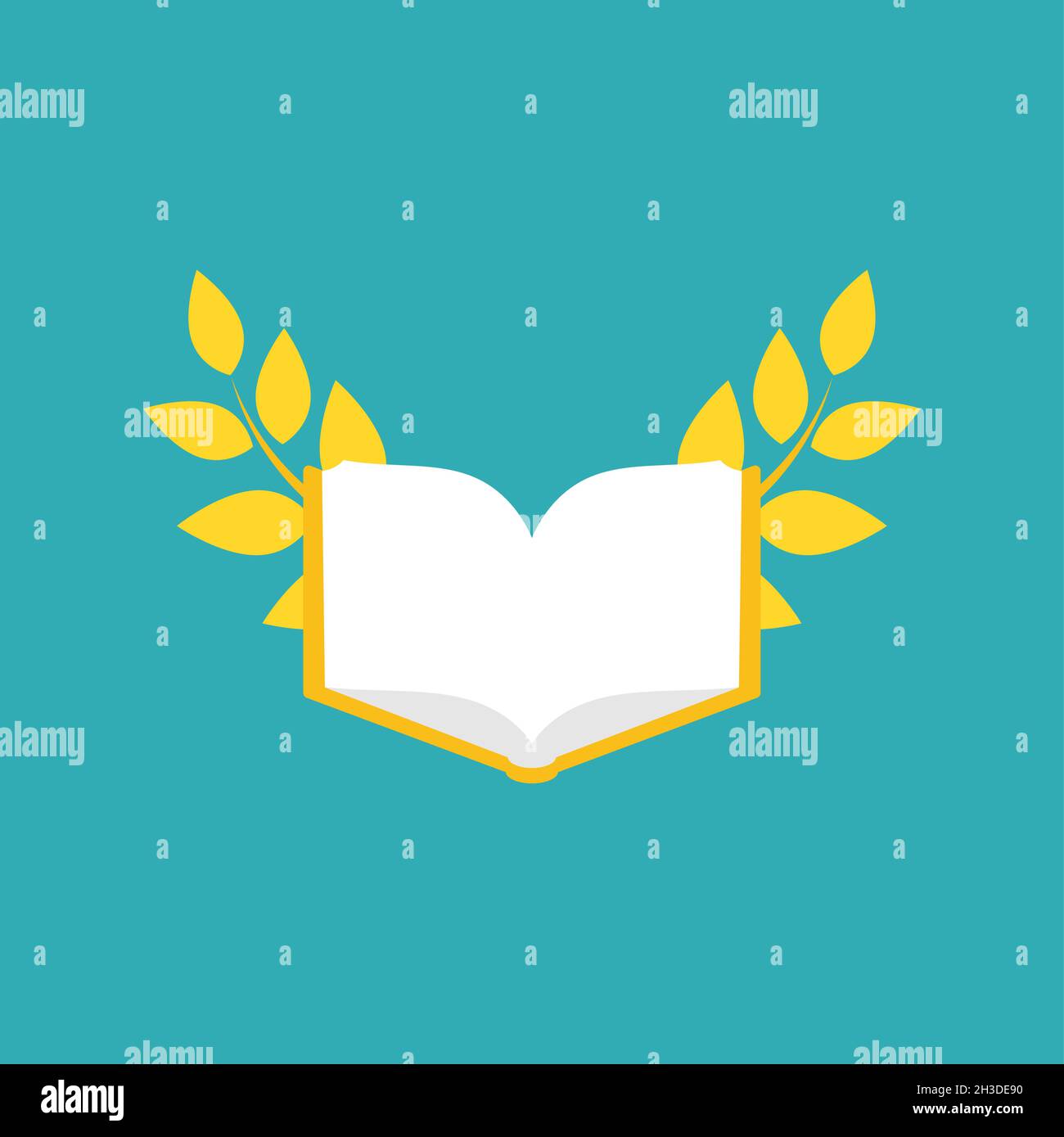Open golden book with laurel. Isolated on powder blue background. Flat reading icon. Vector illustration. Education logo. Knowledge pictogram. Stock Vector