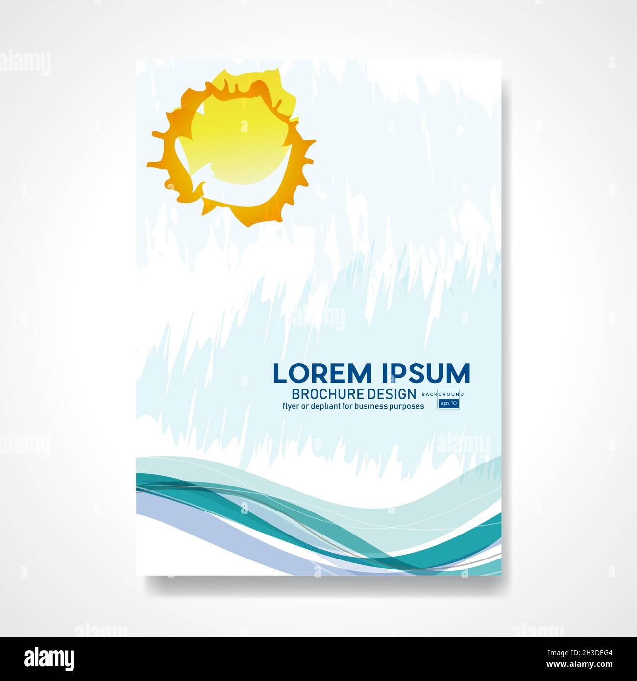 Sun and wavy sea. Drawing done with pen. Retro vector summer background and illustration. Abstract design template for brochures, flyers, magazine, bu Stock Vector