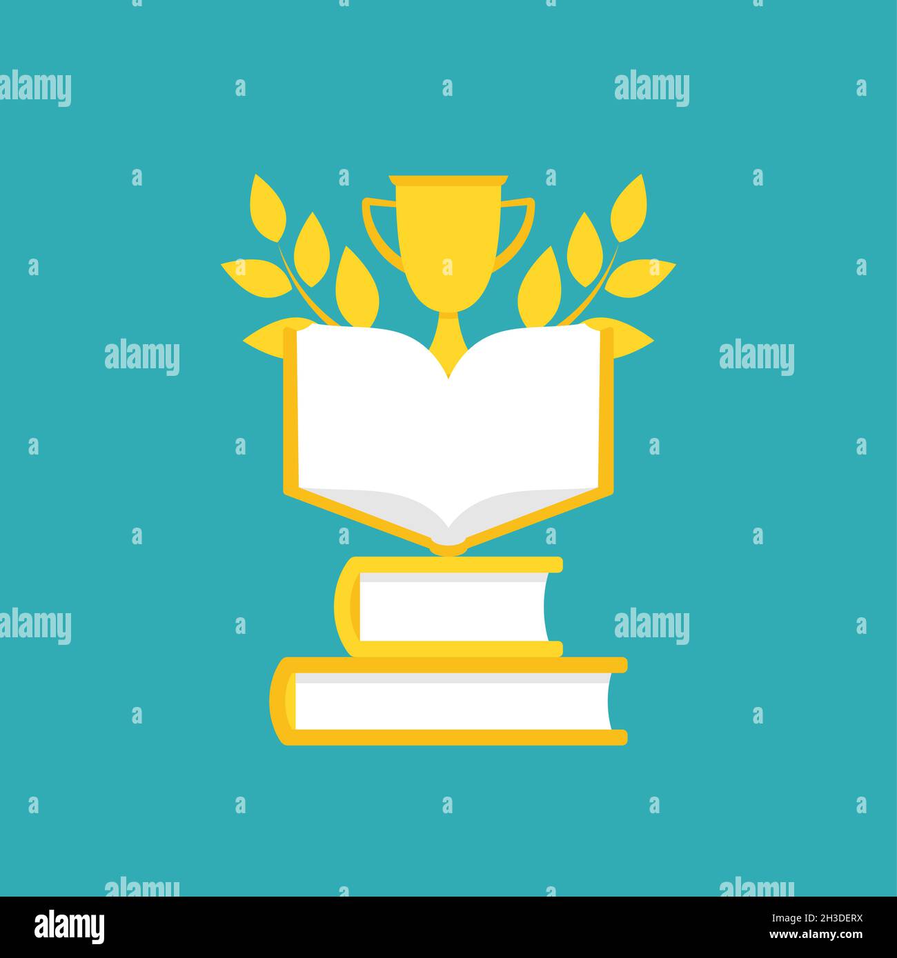 Open golden book with laurel and gold trophy or winning cup. Isolated on powder blue background. Flat reading icon. Vector illustration. Education log Stock Vector