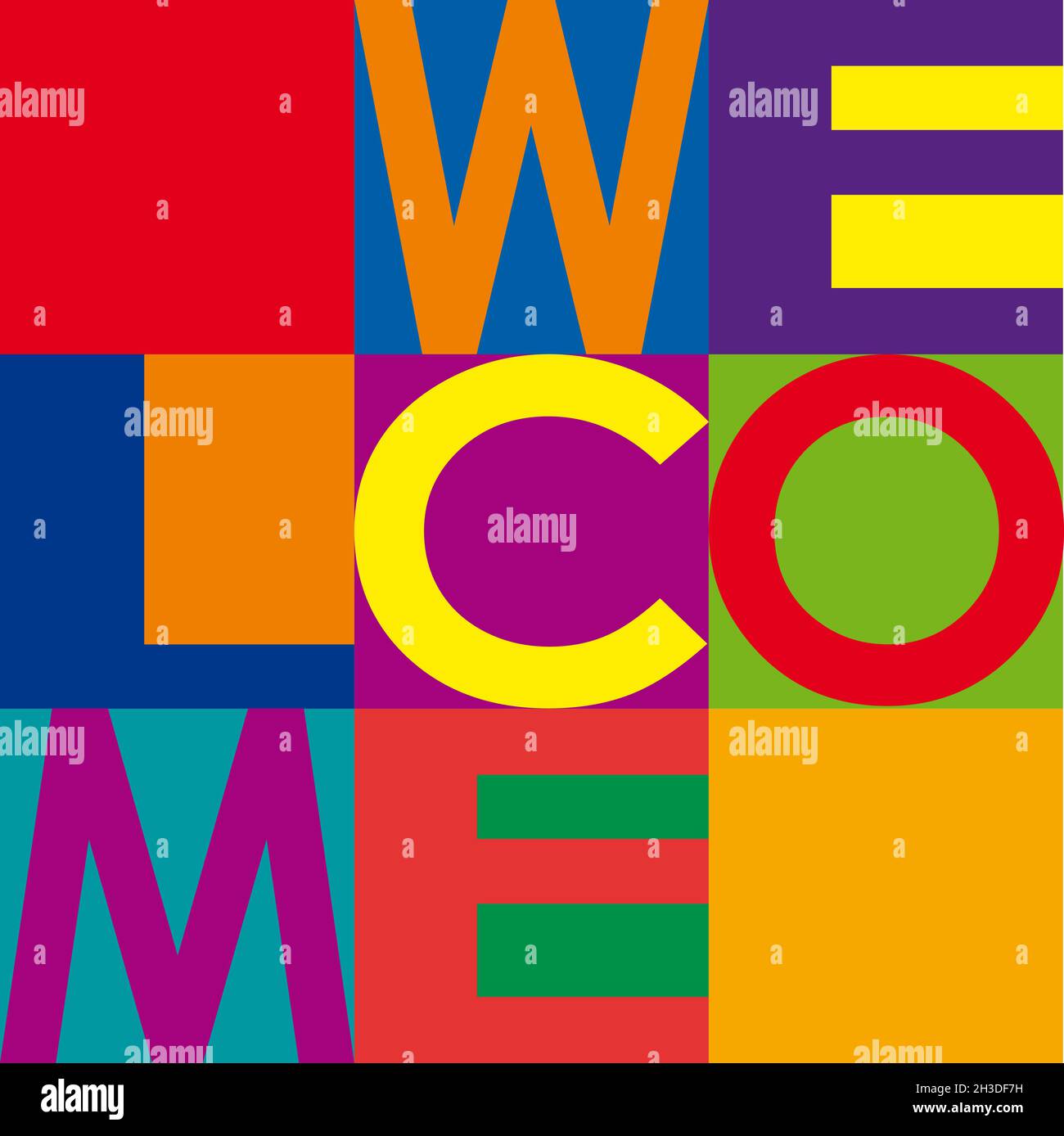 The word Welcome. Vector background, text decomposed in a chessboard made of colored squares Stock Vector
