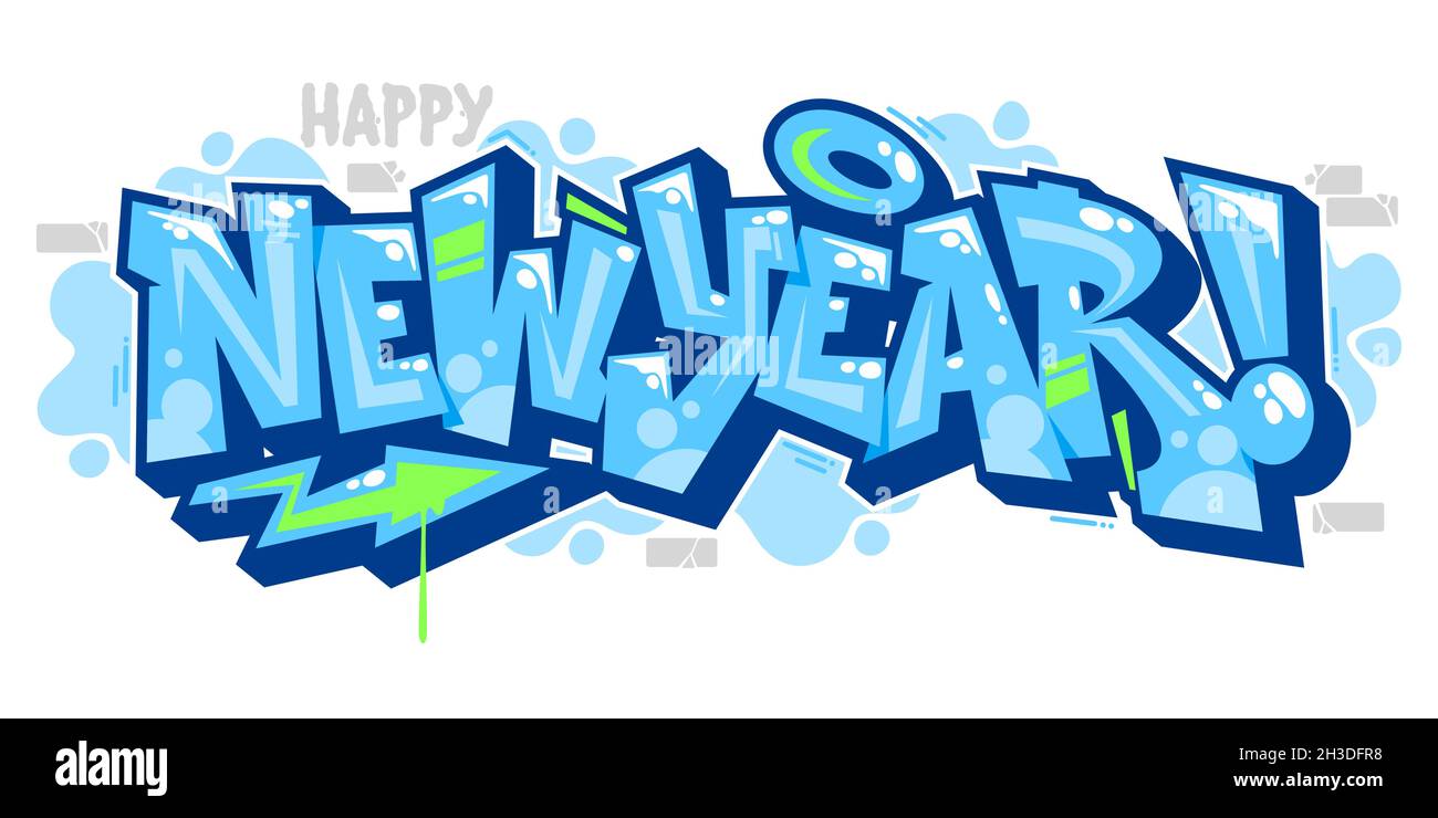 Isolated Blue Abstract Word New Year Graffiti Style Font Lettering Vector Illustration Art Template Stock Vector