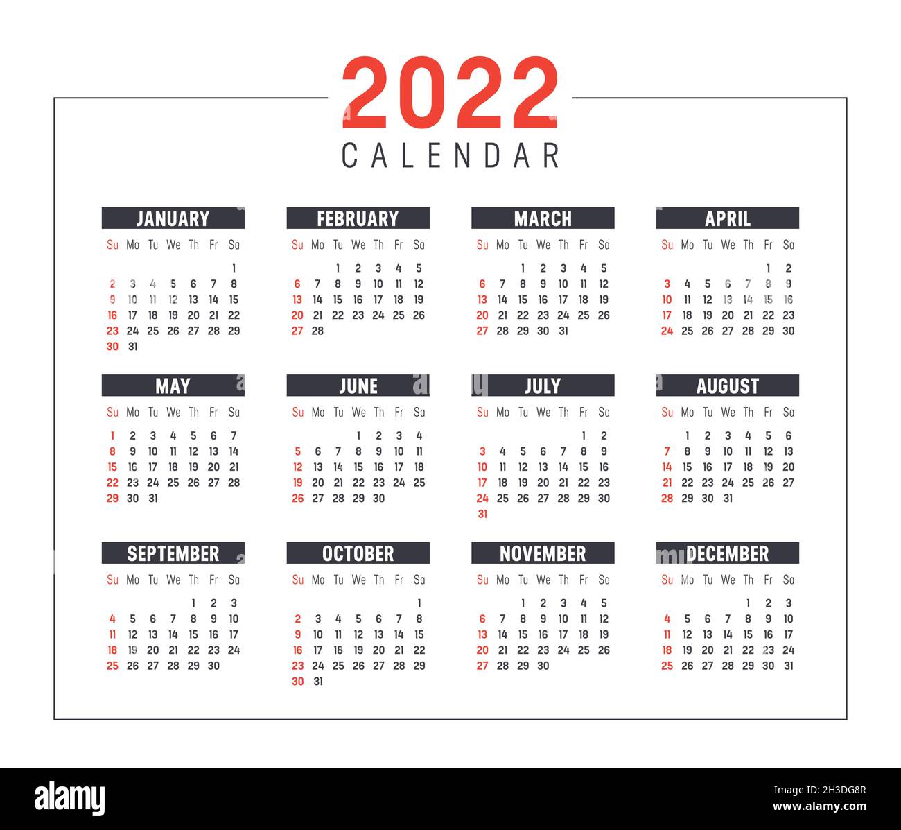 Year 2022 calendar, isolated on white background. Vector template. Stock Vector