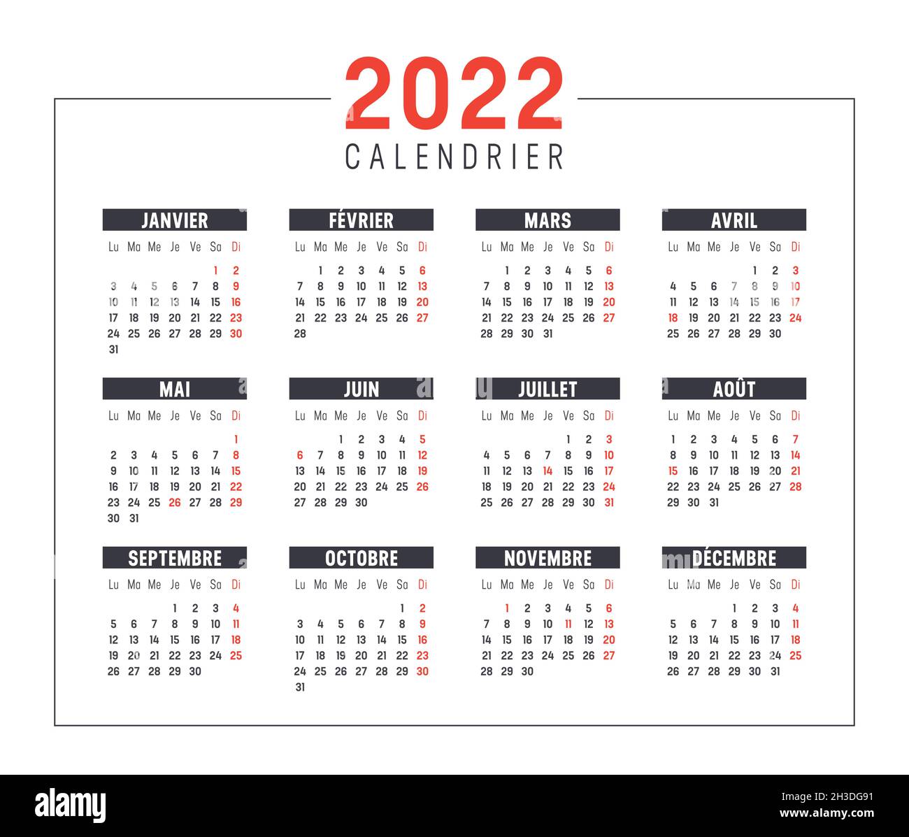 Year 2022 calendar, in French language isolated on white background. Vector template. Stock Vector