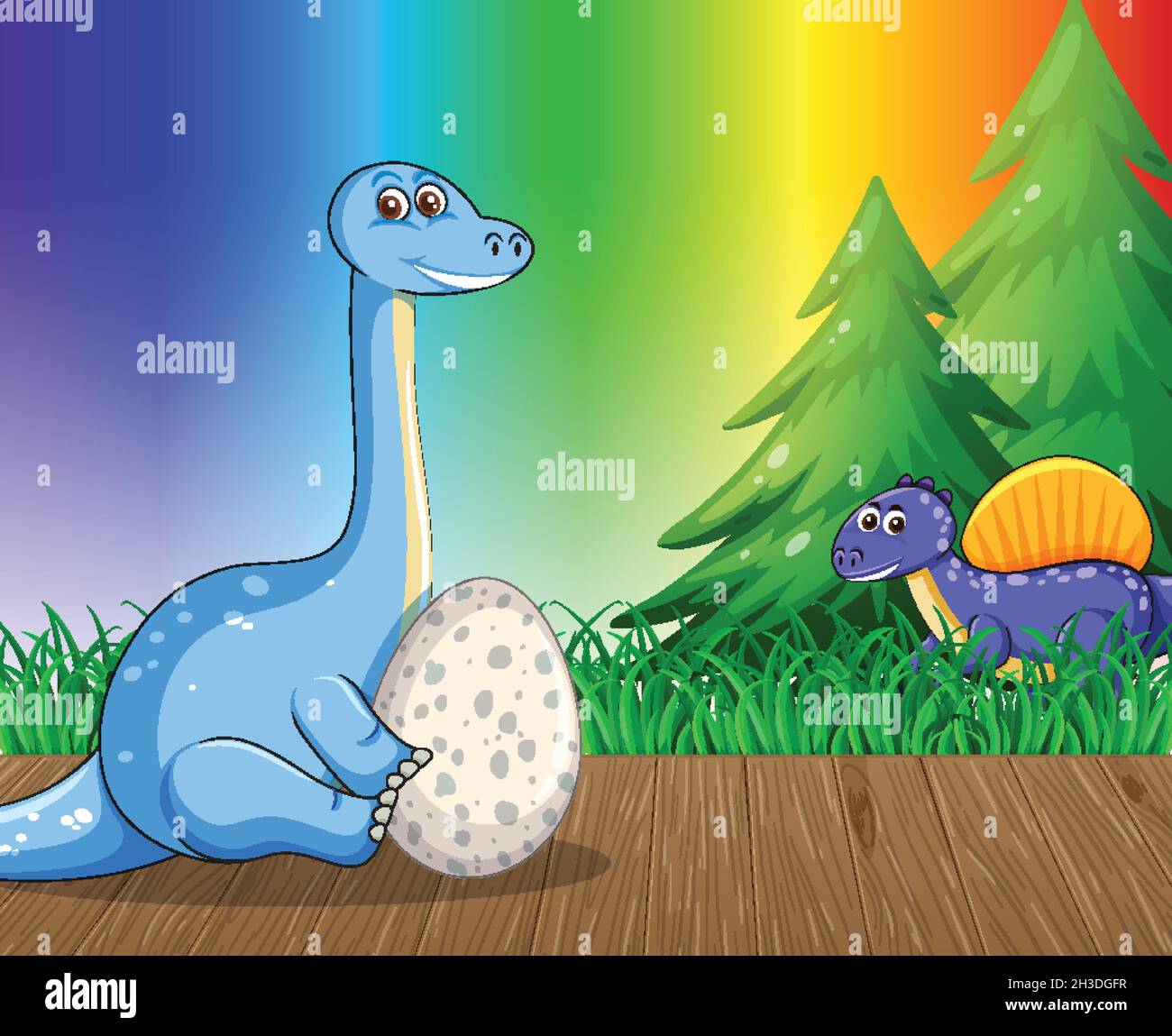 Cartoon dinosaur on rainbow gradient background illustration Stock Vector
