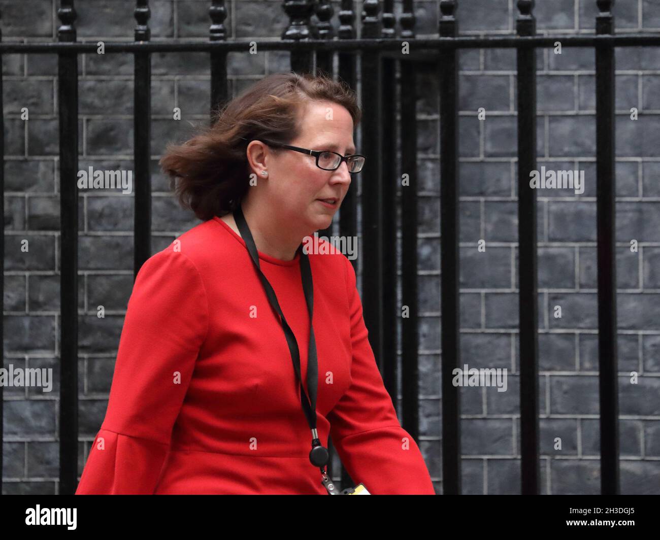 Leader of the House of Lords Baroness Evans of Bowes Park leaving Downing Street No 10 after a Cabinet Meeting, Westminster, London, UK Stock Photo