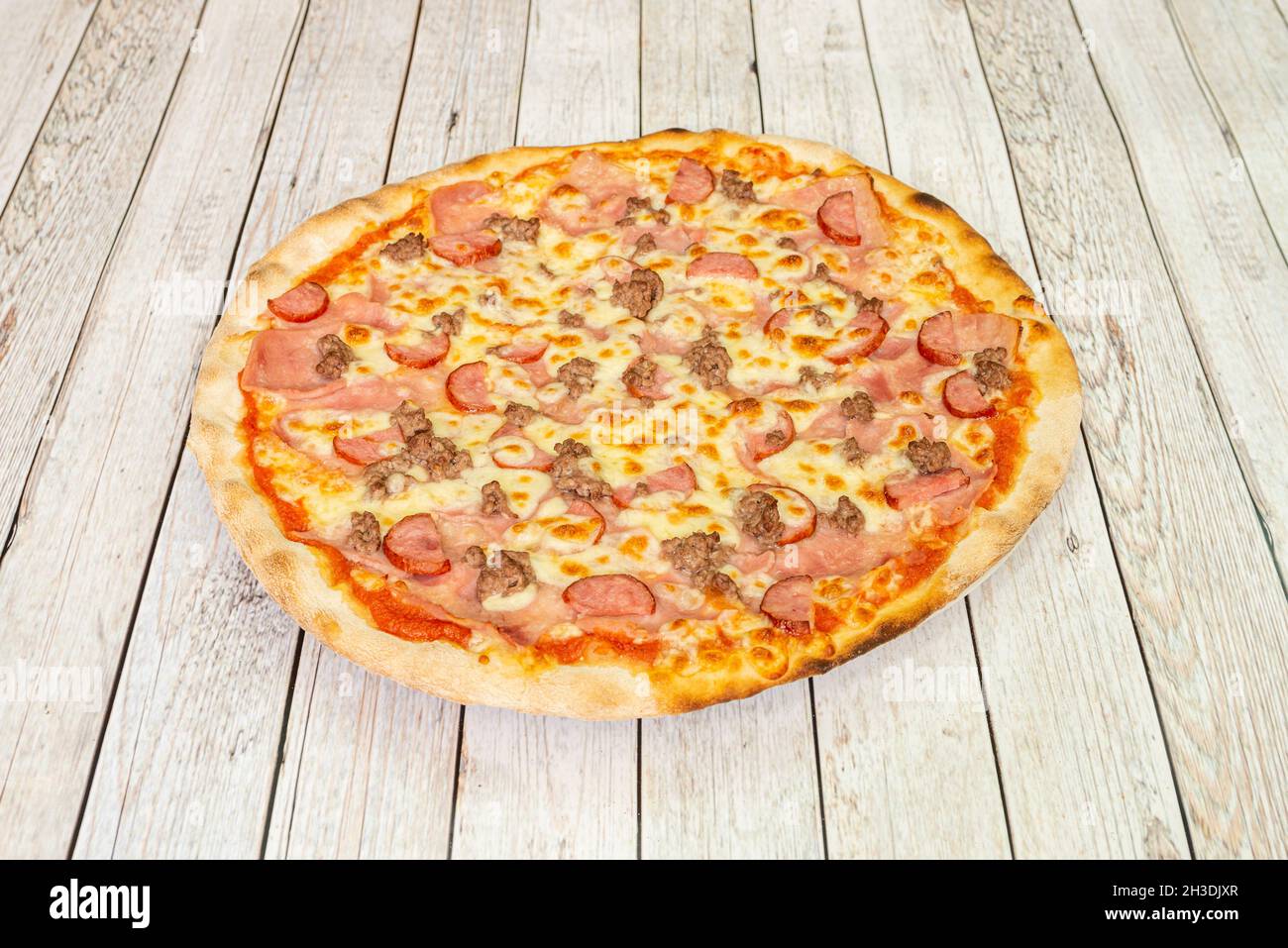 great pizza with bologna mortadella with roasted minced meat, sliced