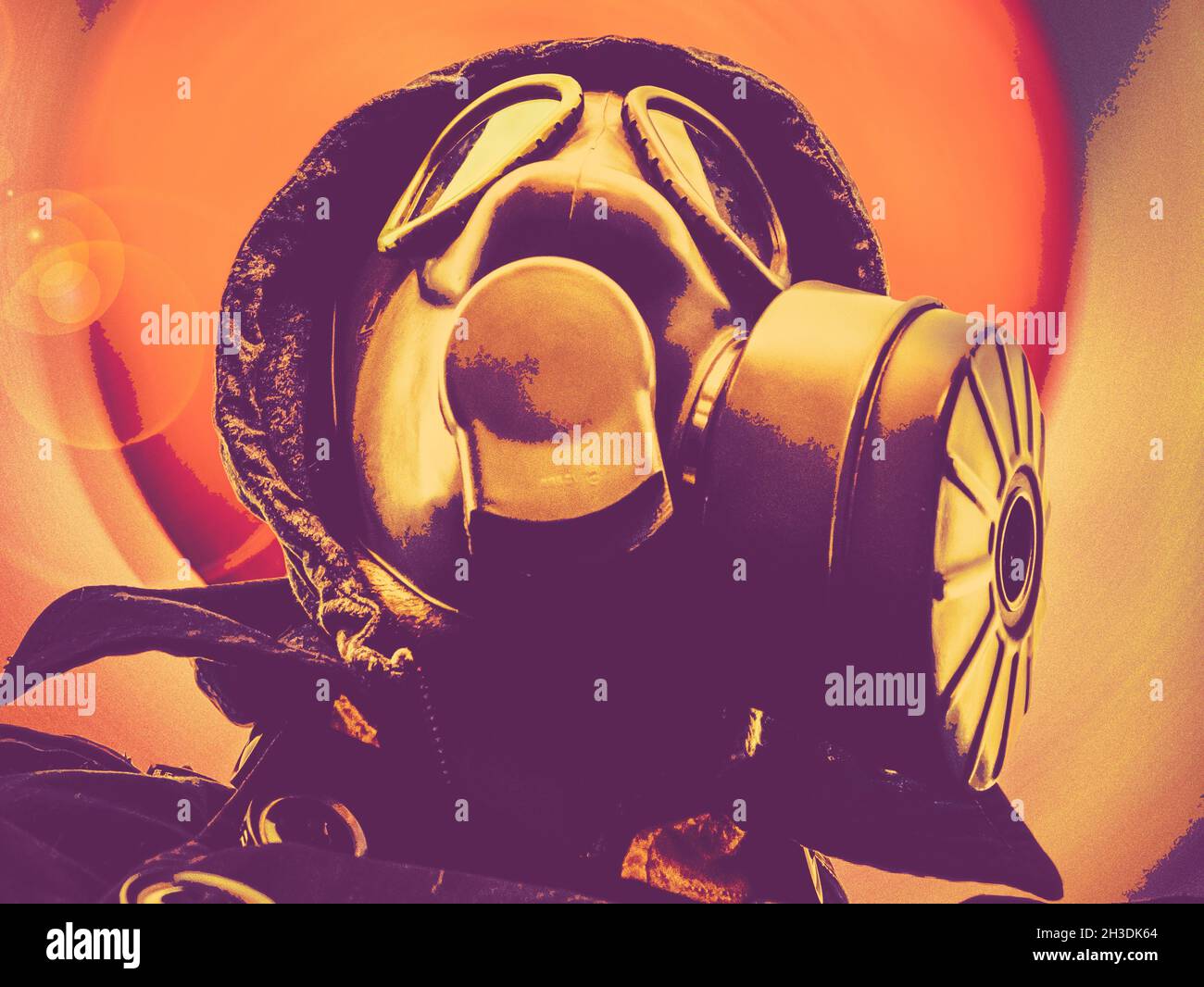 Person in a military Gas Mask with a Post Apocalyptic background in a pop art style Stock Photo