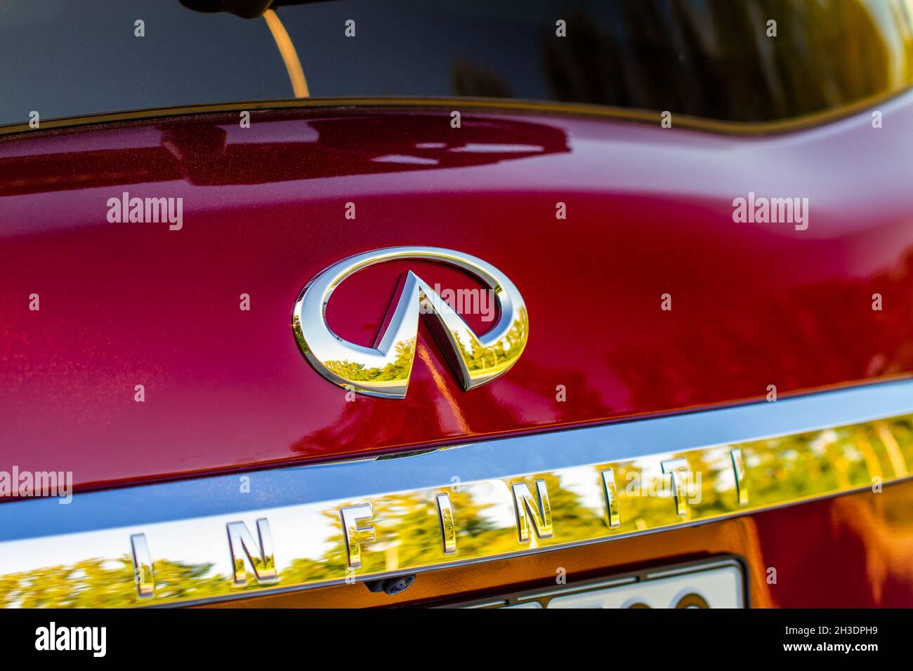 Infiniti company logo closeup view on the Infiniti QX80 car model year