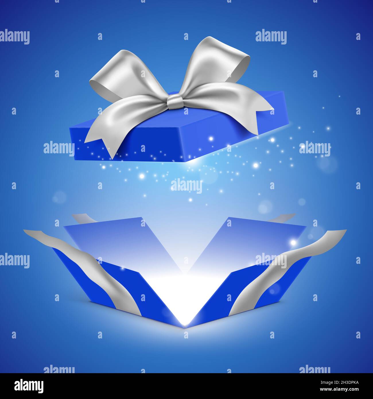 Unfolded blue gift box with silver color ribbon and magical glitter light, shining from inside. Mysterious present box standing on blue gradient background. Holiday gift vector illustration. Stock Vector