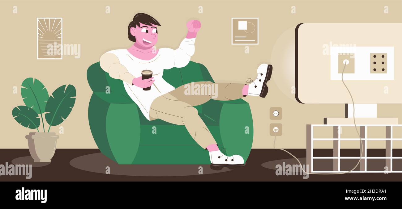 TV watching vector. Young man sitting on sofa and watching TV set ...