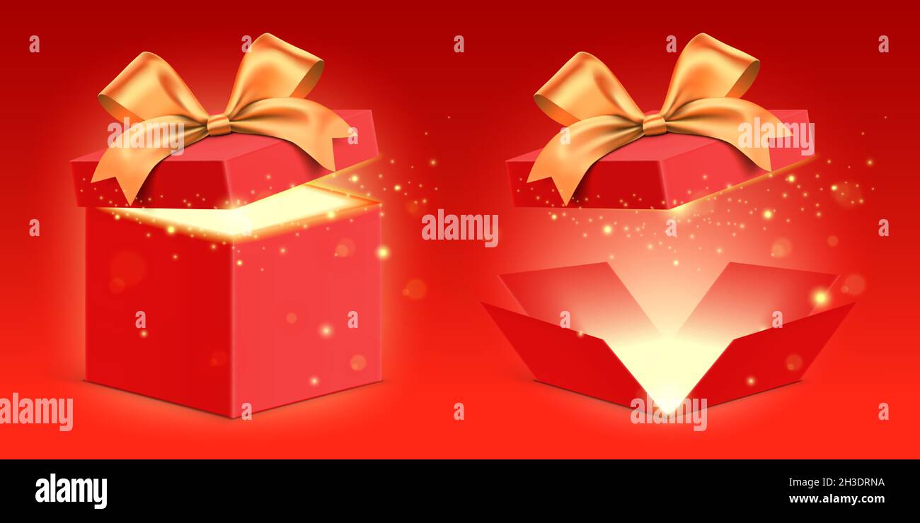 Vector set of open red gift boxes with a golden ribbon and magical glitter light, shining from inside. Mysterious present box standing on red gradient background. Stock Vector
