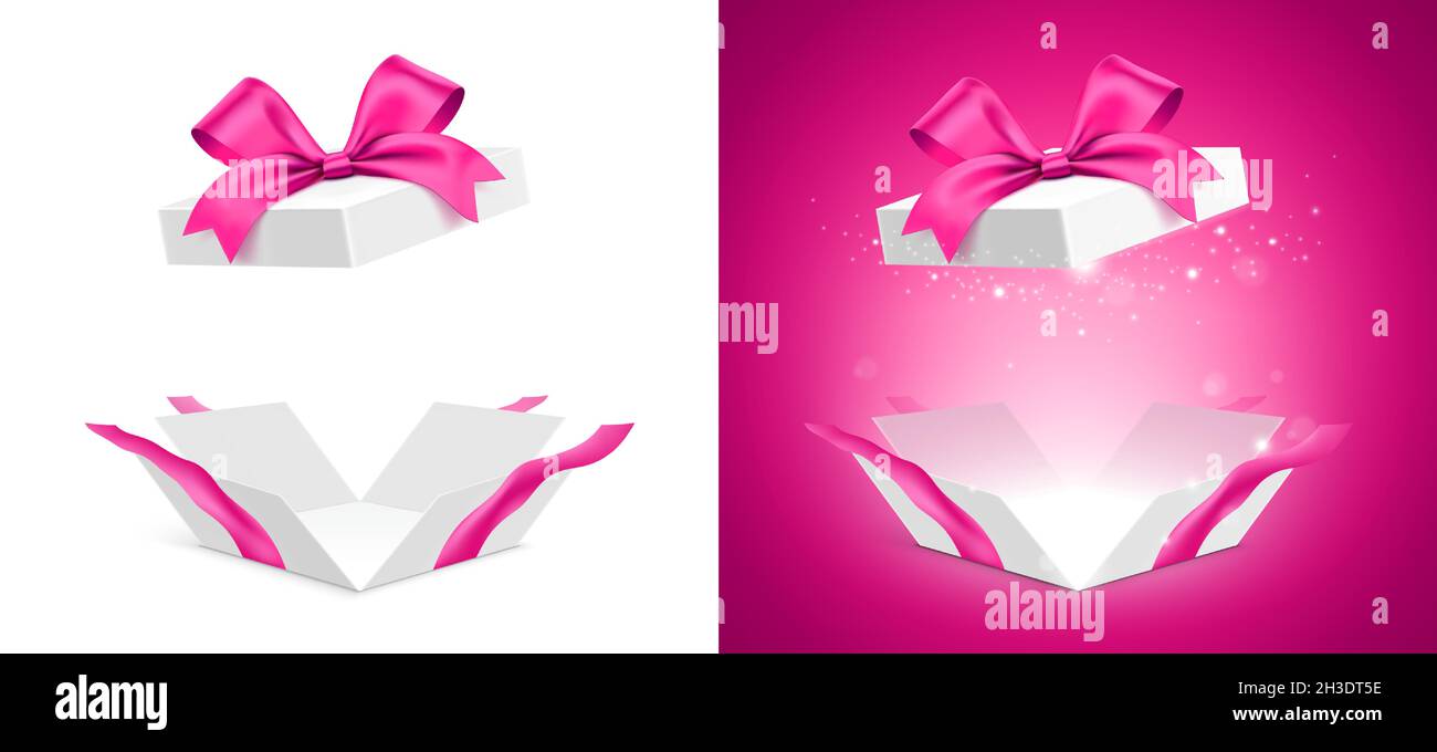 Feminine style unfolded gift box, with a pink ribbon, and shining glitter light, isolated on white and pink background. Girly present box vector set. Stock Vector