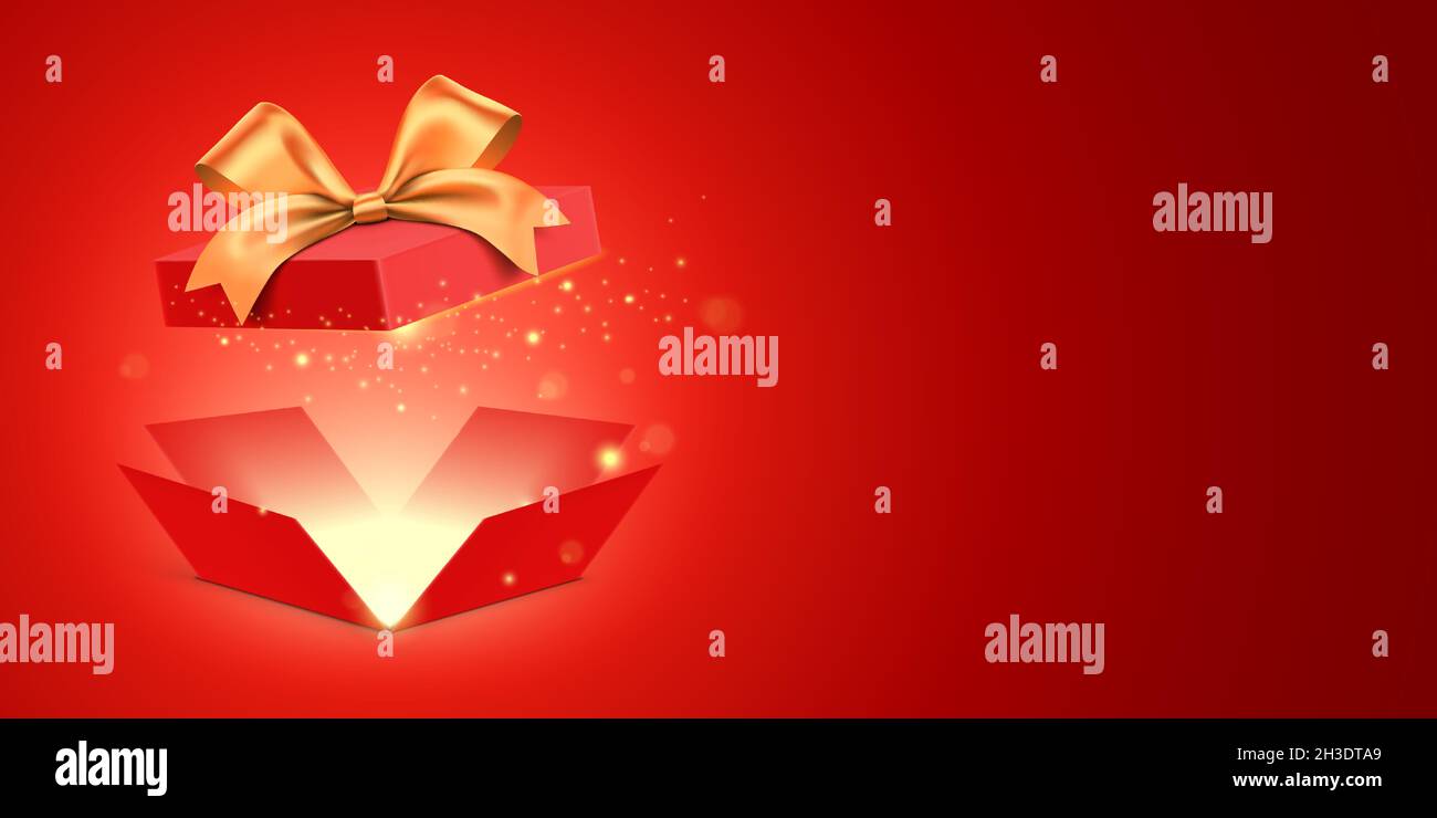 Unfolded red gift box with a golden ribbon and magical glitter light shining from inside. Mysterious present box standing on red gradient background with copy space. Holiday gift vector banner design. Stock Vector