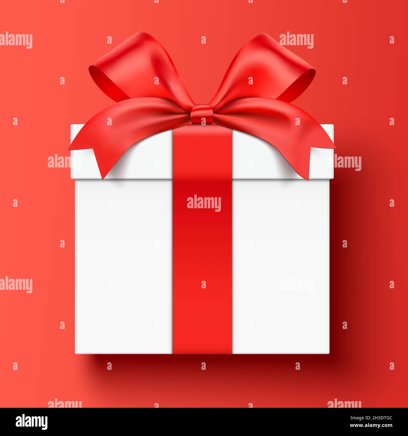 White gift box wrapped with red ribbon, lying down on a red background. Realistic vector giftbox background. Stock Vector
