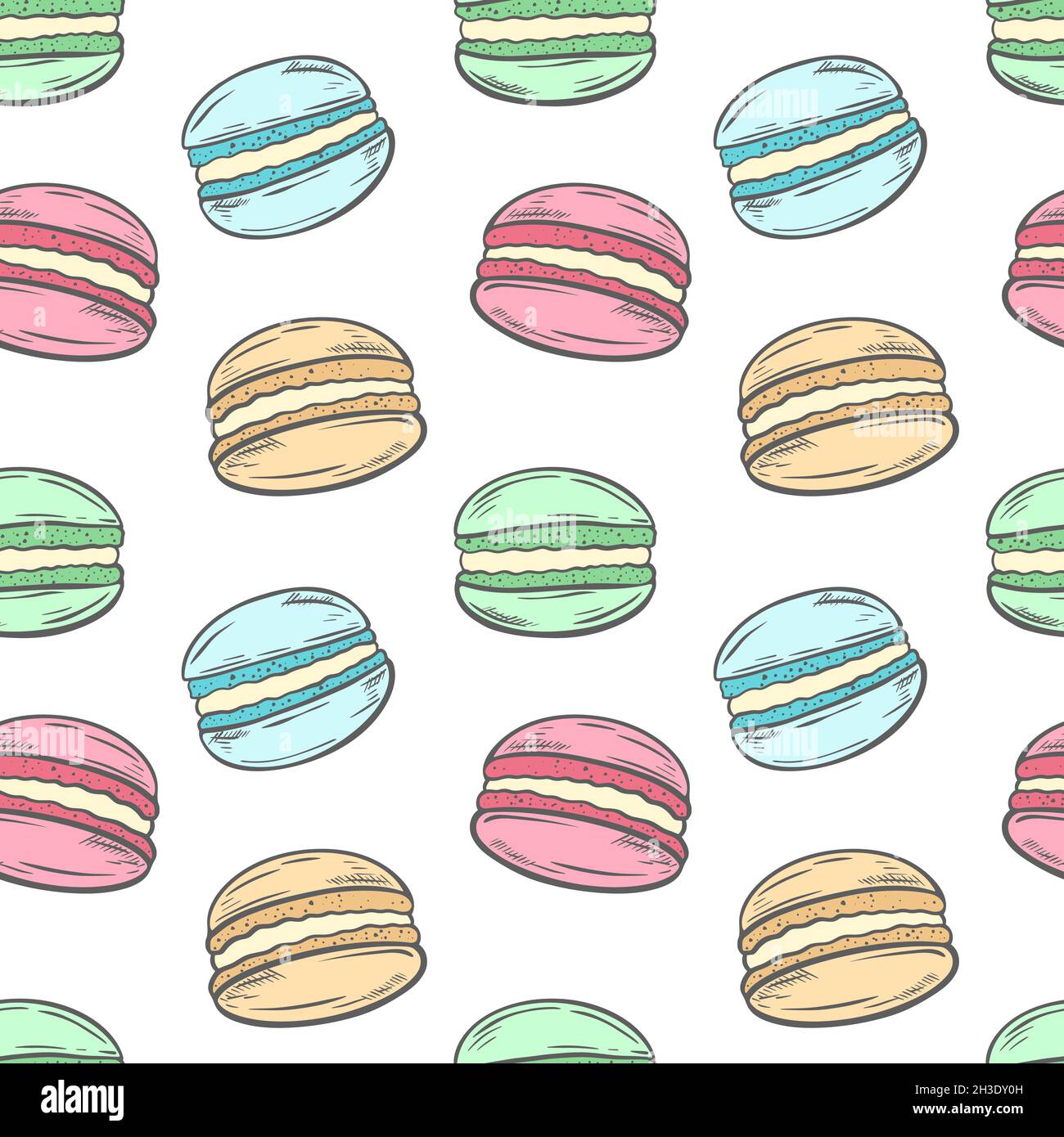 Macaroons on white background seamless pattern. Stock Vector