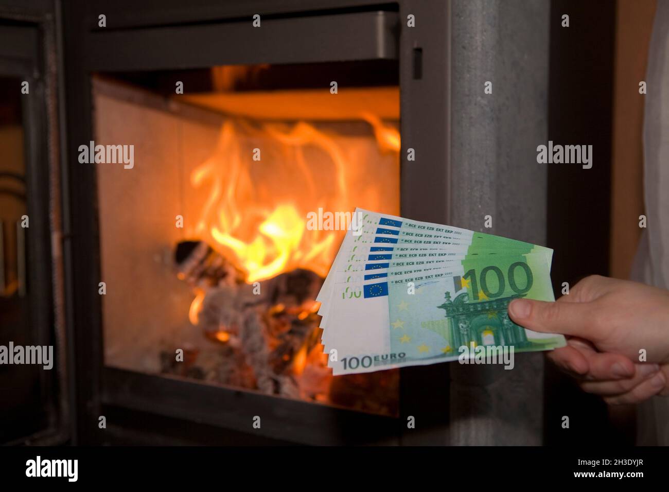 open fire in the living room, 100 Euro bills in the hand, Austria Stock Photo
