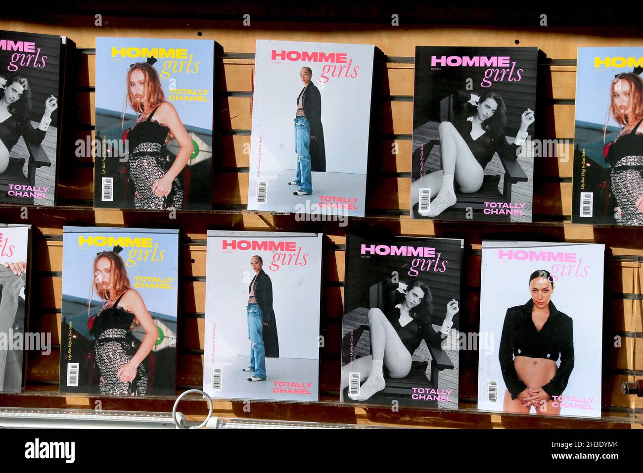 Fashion magazine Homme Girls covers Volume 6 Totally Chanel with actresses Lily Rose Depp, Chloe Sevigny, Whitney Peak, Zsela Thompson, Margaret Qualley and Greta Lee at the window of Iconic Cafe store in Soho, New York on October 27, 2021. Photo by Charles Guerin/ABACAPRESS.COM Stock Photo