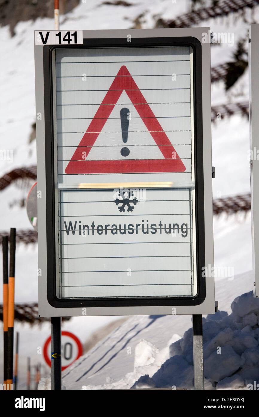 Sign winter equipment necessary, Austria Stock Photo