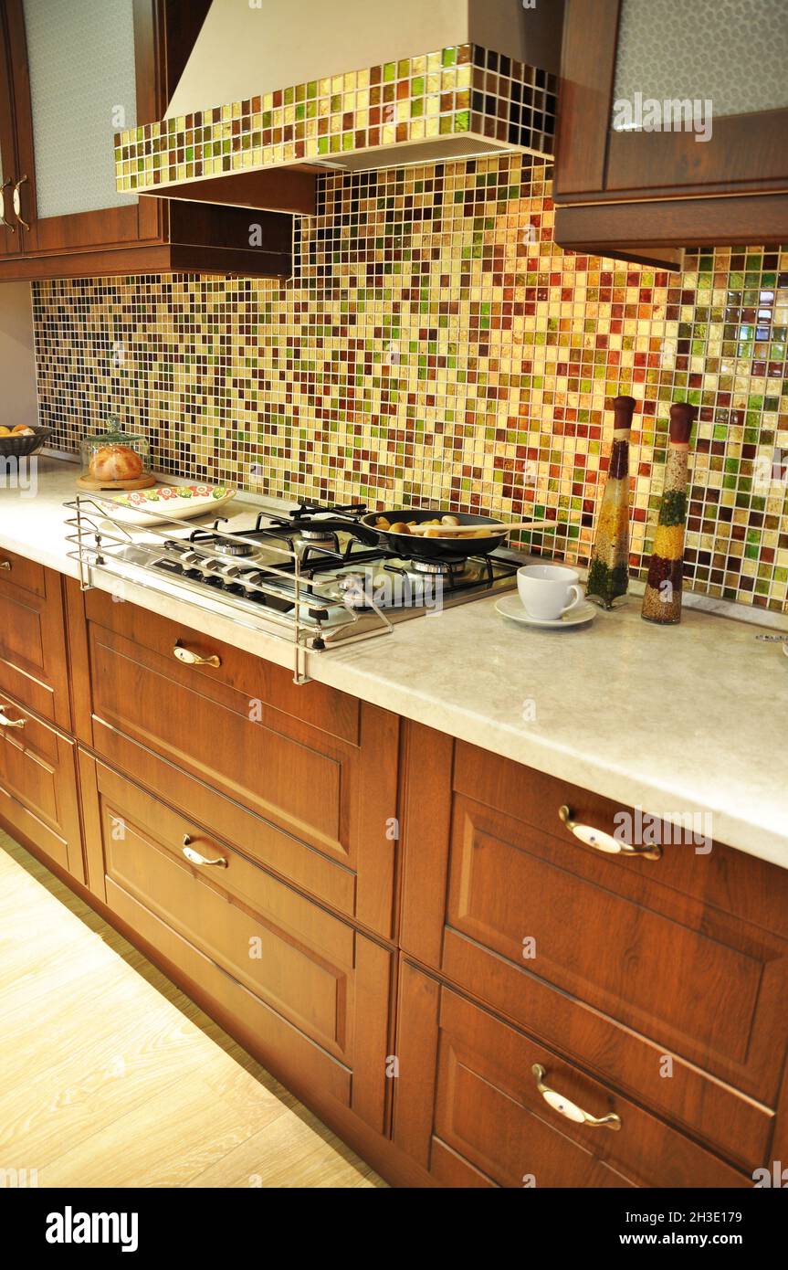 Modern white Kitchen Counter and Kitchen Equipment in Luxurious Apartment.  small kitchen counter ideas in the residential Stock Photo - Alamy