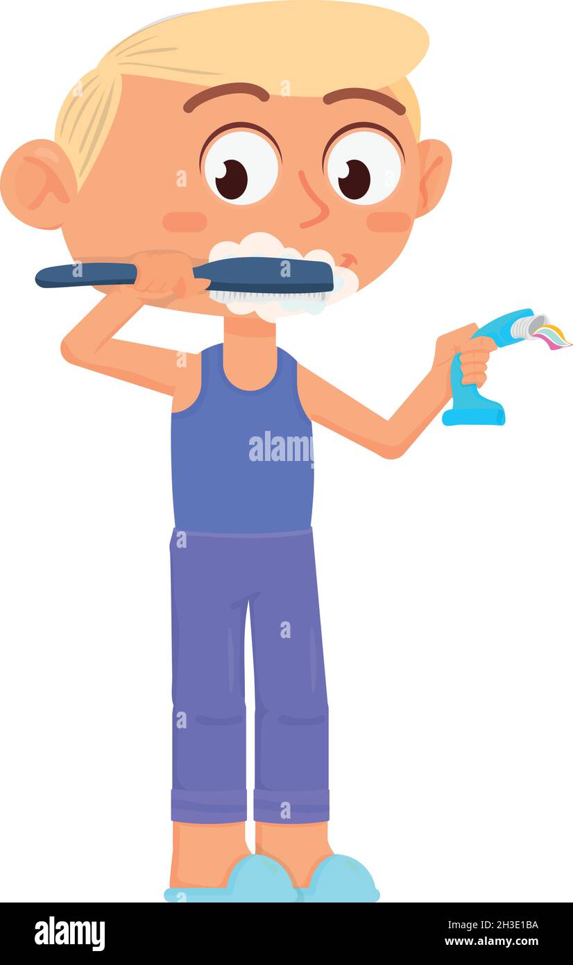 Boy washing teeth. Dental hygiene. Cartoon child character Stock Vector