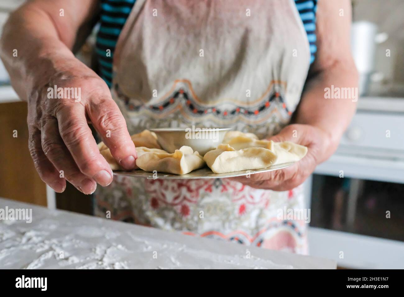 Mantovarka and grandmother's hands. Raw manti on a special kitchen device Stock Photo