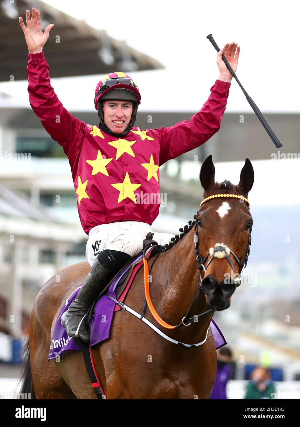 File photo dated 19-03-2021 of Jack Kennedy celebrates on top of Minella Indo after winning the WellChild Cheltenham Gold Cup Chase during day four of the Cheltenham Festival at Cheltenham Racecourse. Gold Cup hero Minella Indo will face King George winner Frodon and the improving Galvin in a fascinating Ladbrokes Champion Chase at Down Royal. Issue date: Thursday October 28, 2021. Stock Photo