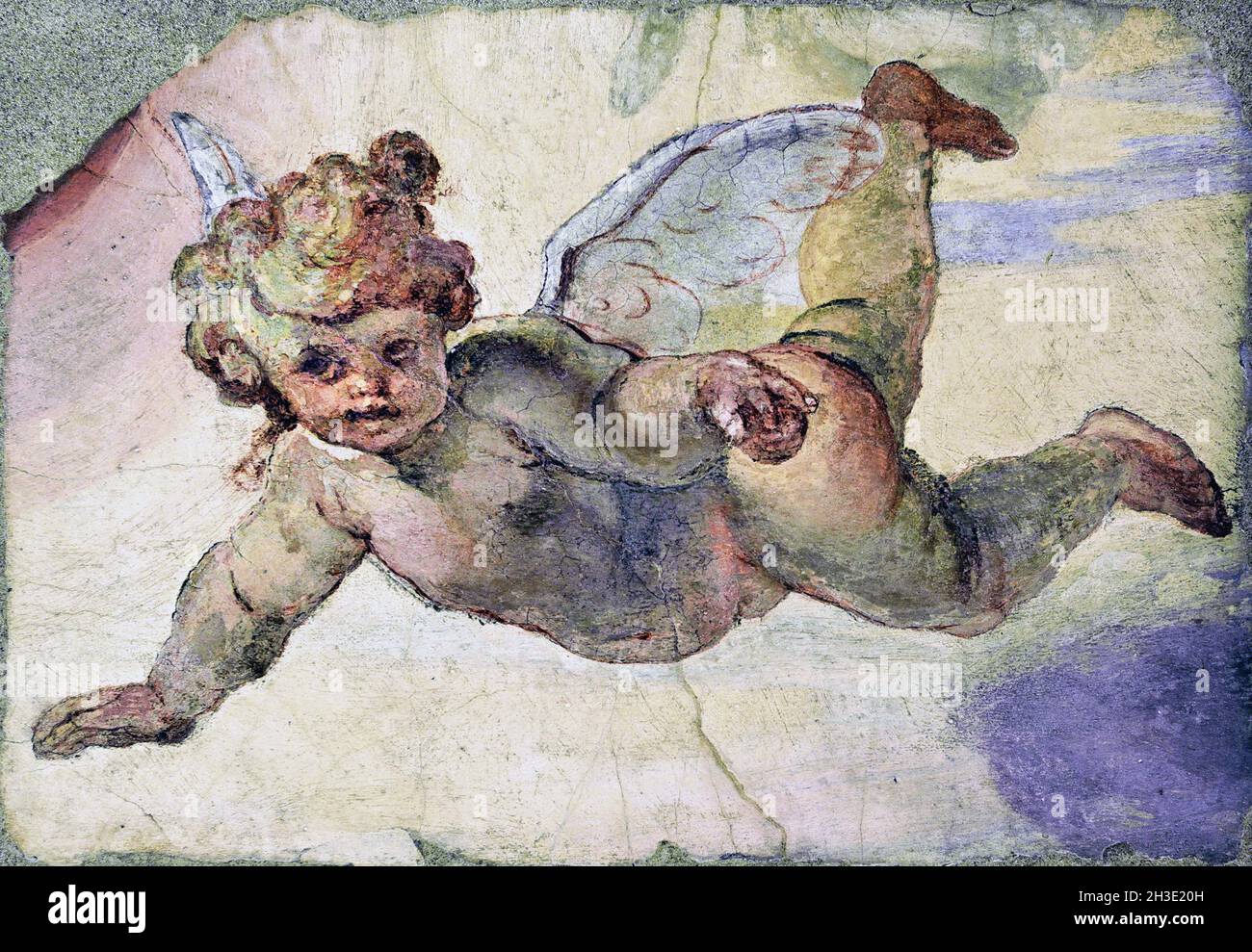 Angelo in volo - Angel in flight 1651  Domenico Piola  (1627–1703)  Fresco, Wall Painting, Italy, Italian, Stock Photo