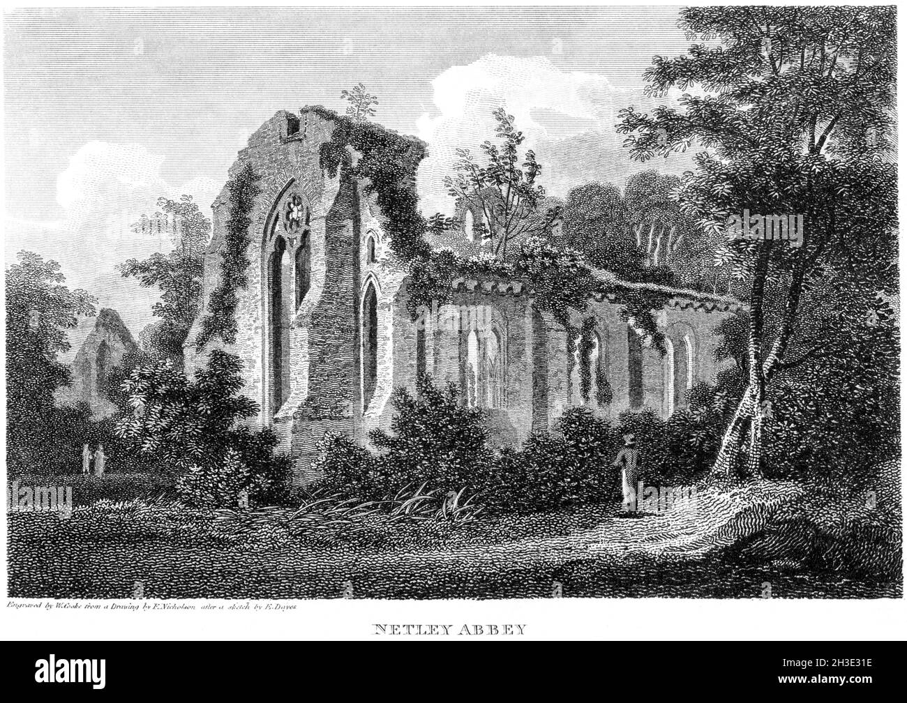 An engraving of Netley Abbey (North-east Aspect), Hampshire UK scanned at high resolution from a book printed in 1812.  Believed copyright free. Stock Photo
