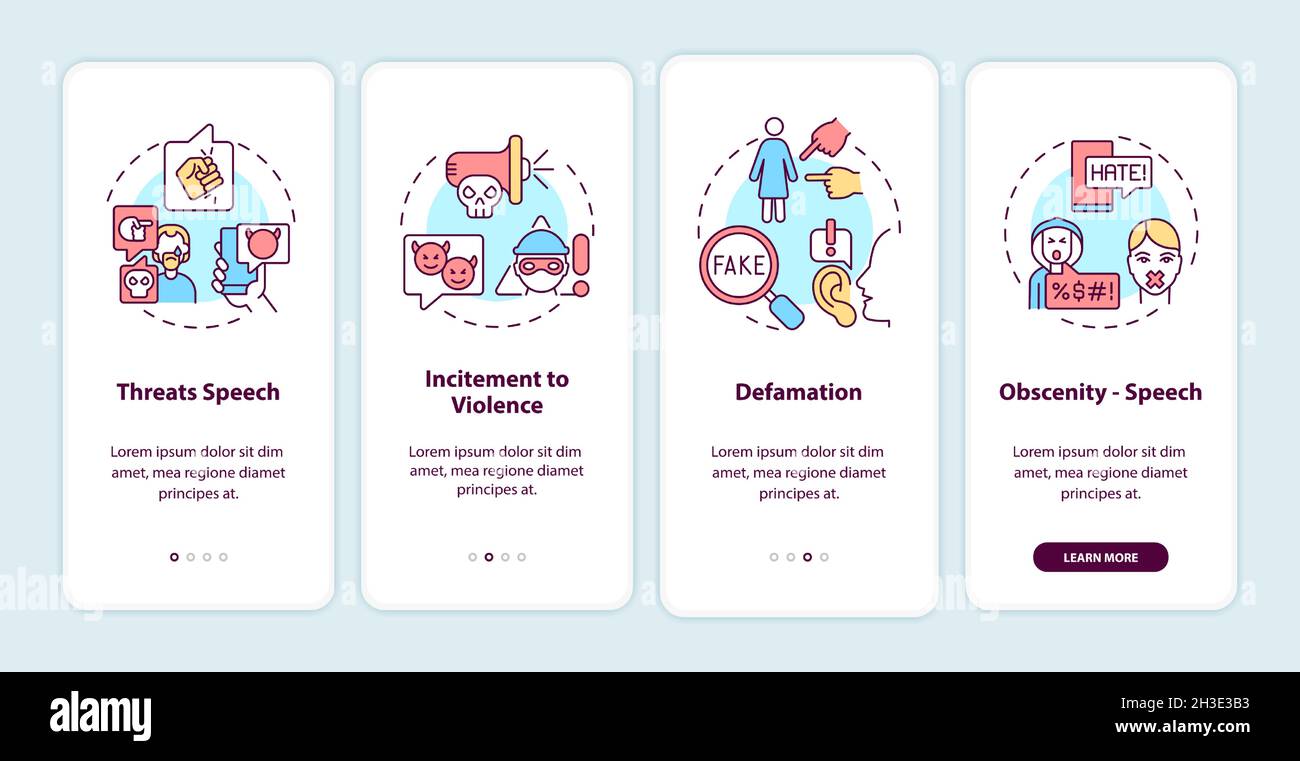 Non-protected speech types onboarding mobile app page screen Stock Vector