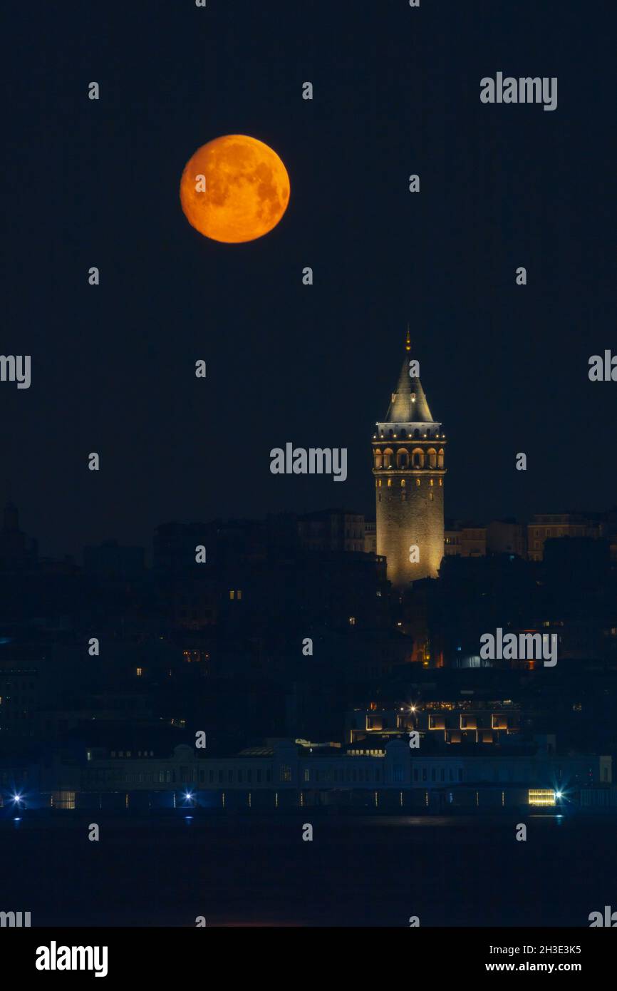 Galata Tower at moonset in Istanbul. Istanbul story background photo ...