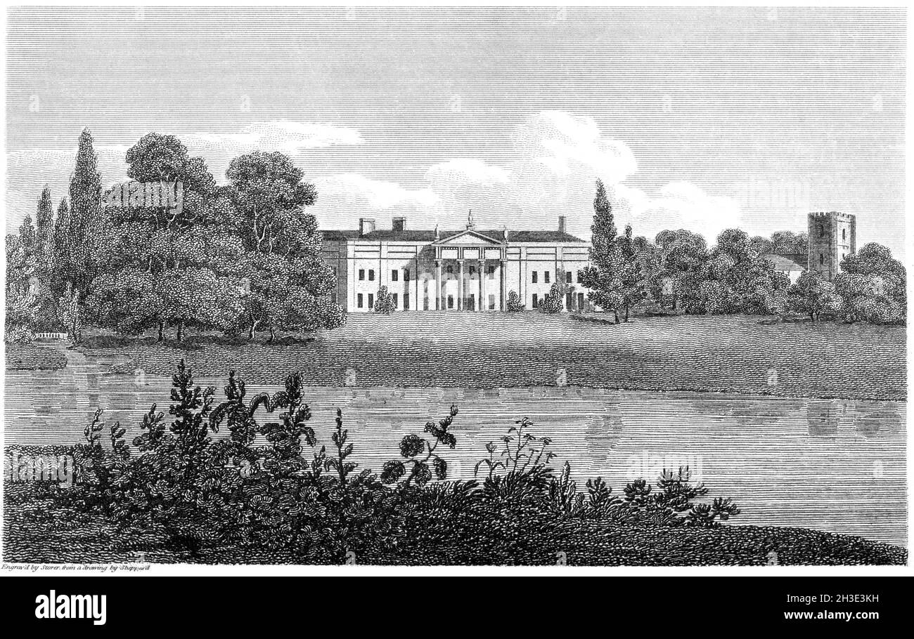 An engraving of Avington Park, Winchester, Hampshire UK scanned at high resolution from a book printed in 1812.  Believed copyright free. Stock Photo