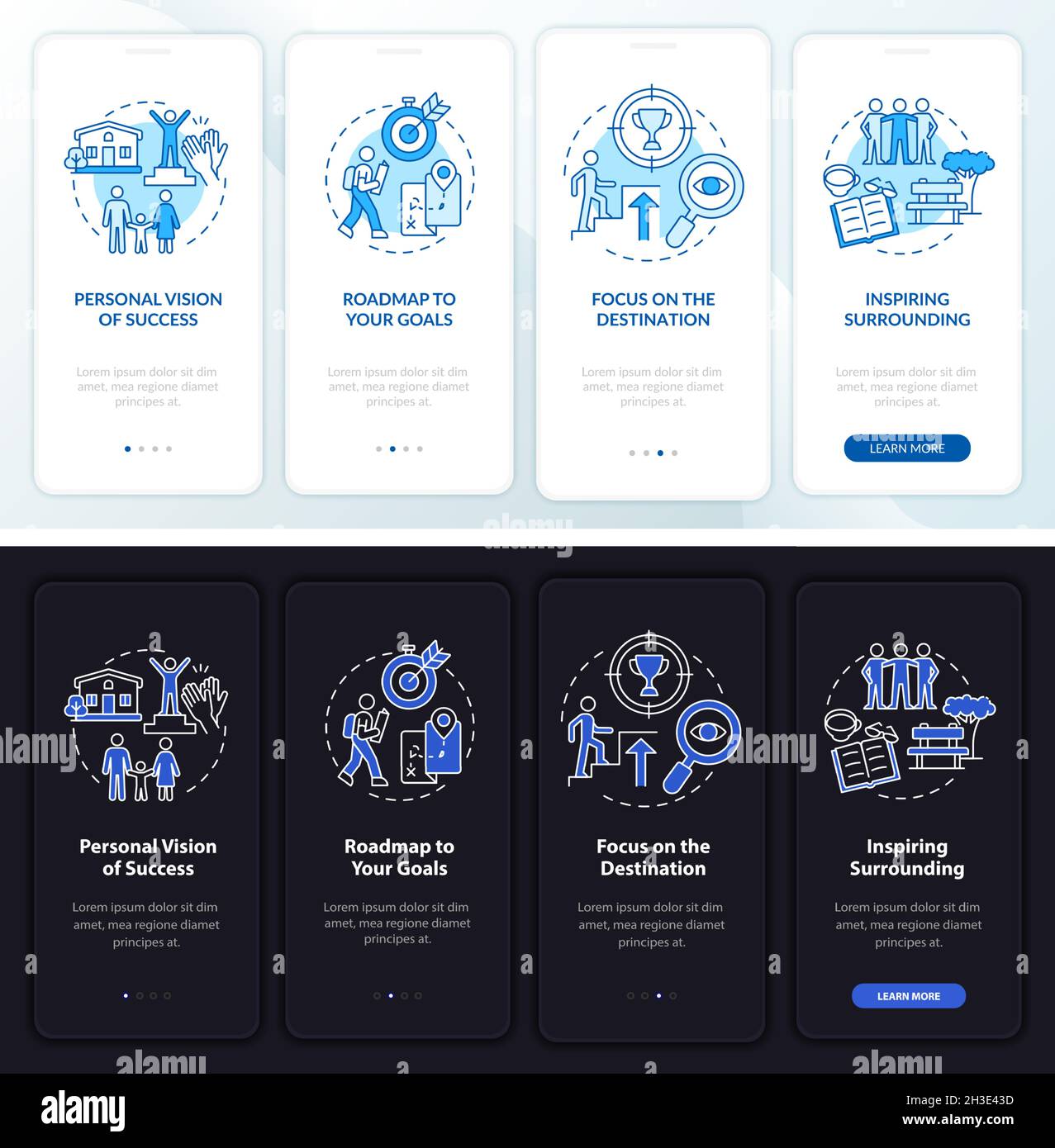 Happiness mind component light, dark onboarding mobile app page screen Stock Vector