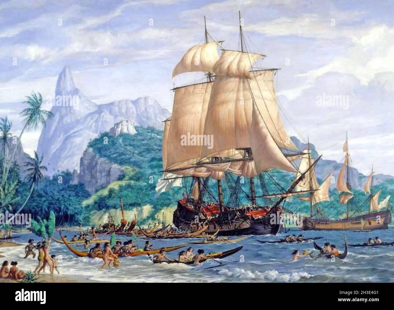 LOUIS de BOUGAINVILLE (1729-1811) French admiral, explorer and mathematician. Painting showing his ships the Boudeuse and the Étopile arriving in Tahiti in 1767. Stock Photo