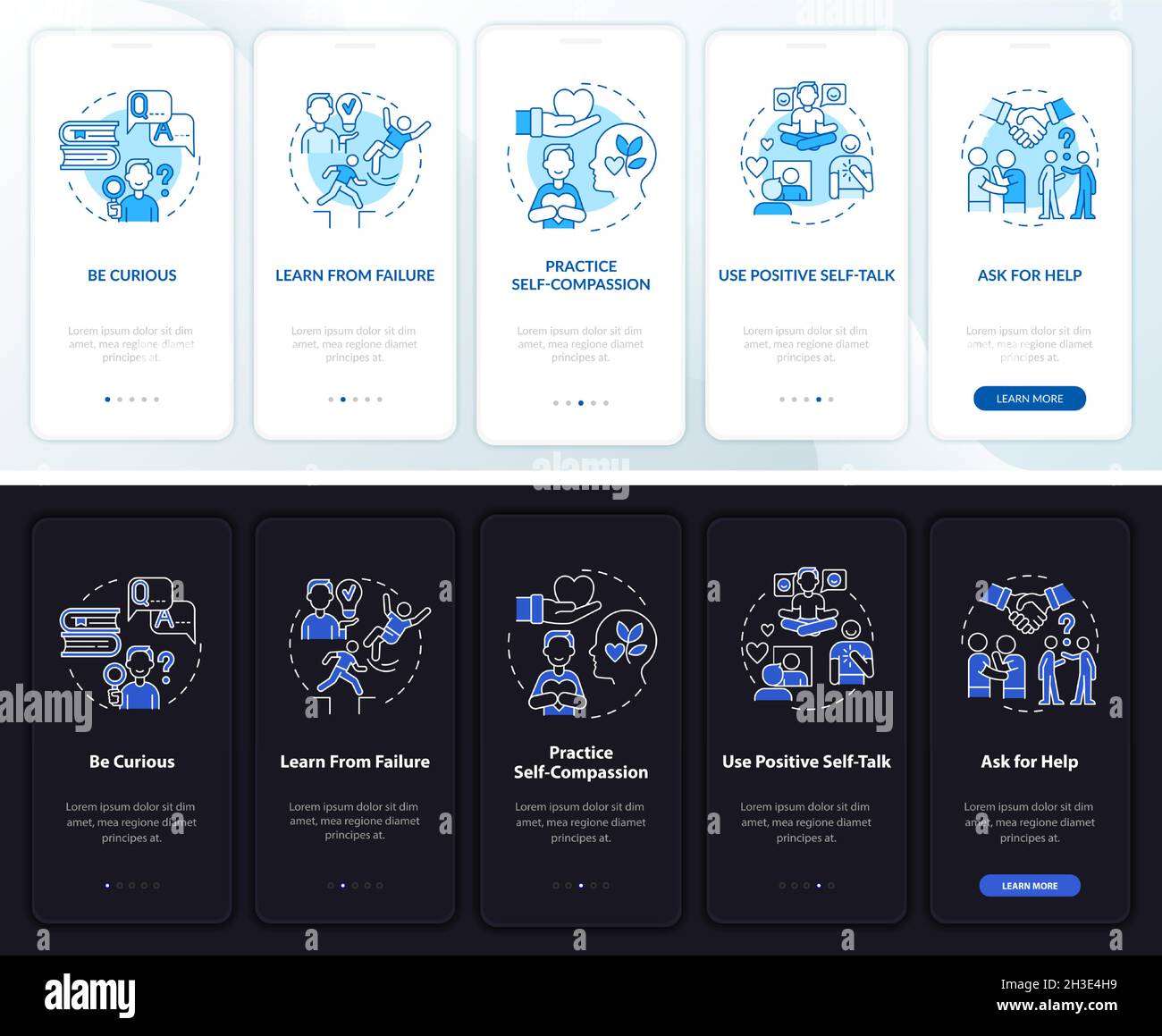 Happiness mind strategy light, dark onboarding mobile app page screen Stock Vector