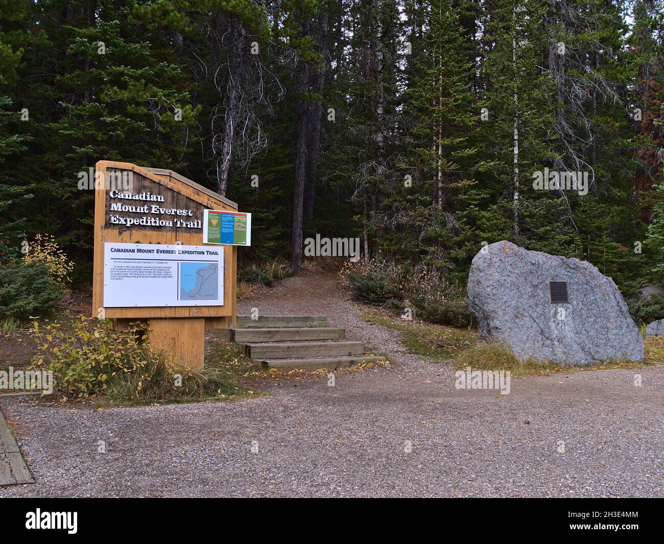 Information board at the trailhead of Canadian Mount Everest Expedition Trail, dedicated to the first Canadians on the mountain. Focus on sign. Stock Photo