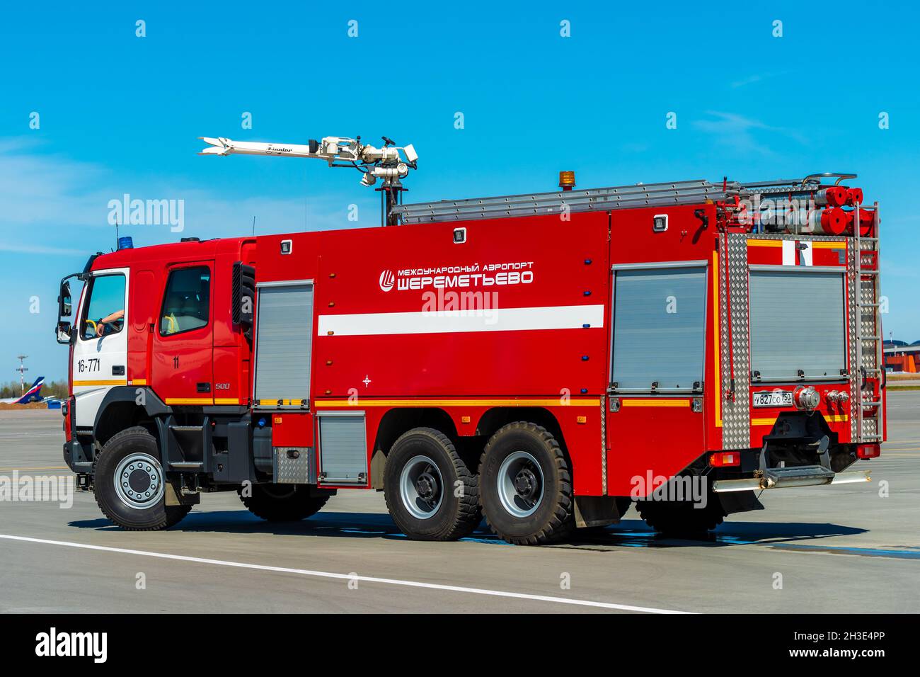 Moscow Fire Engine May 11, 2021 Moscow, Russia. A fire truck on the airfield of the ...