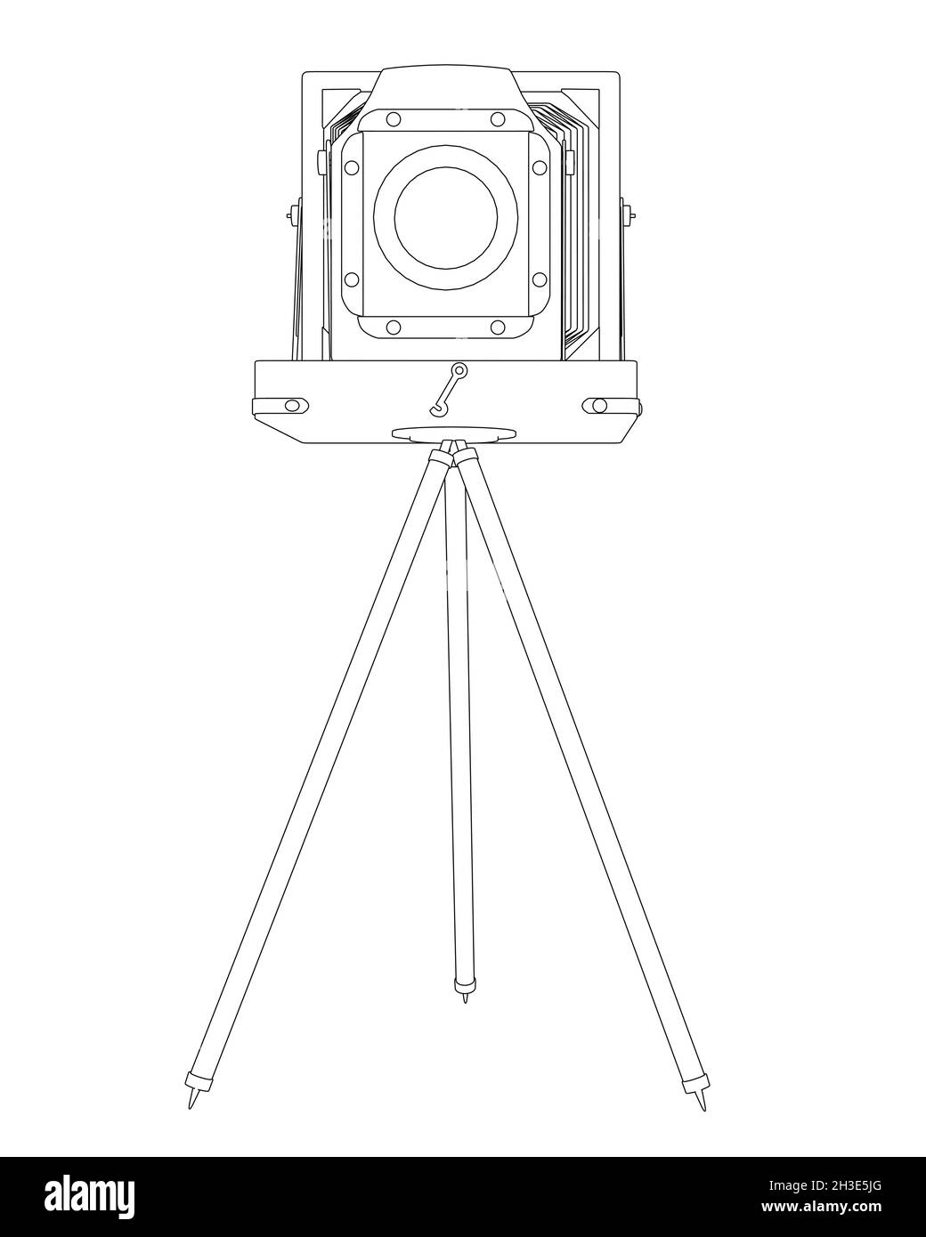 Contour of a vintage retro camera from black lines isolated on a white background. Front view. Vector illustration Stock Vector