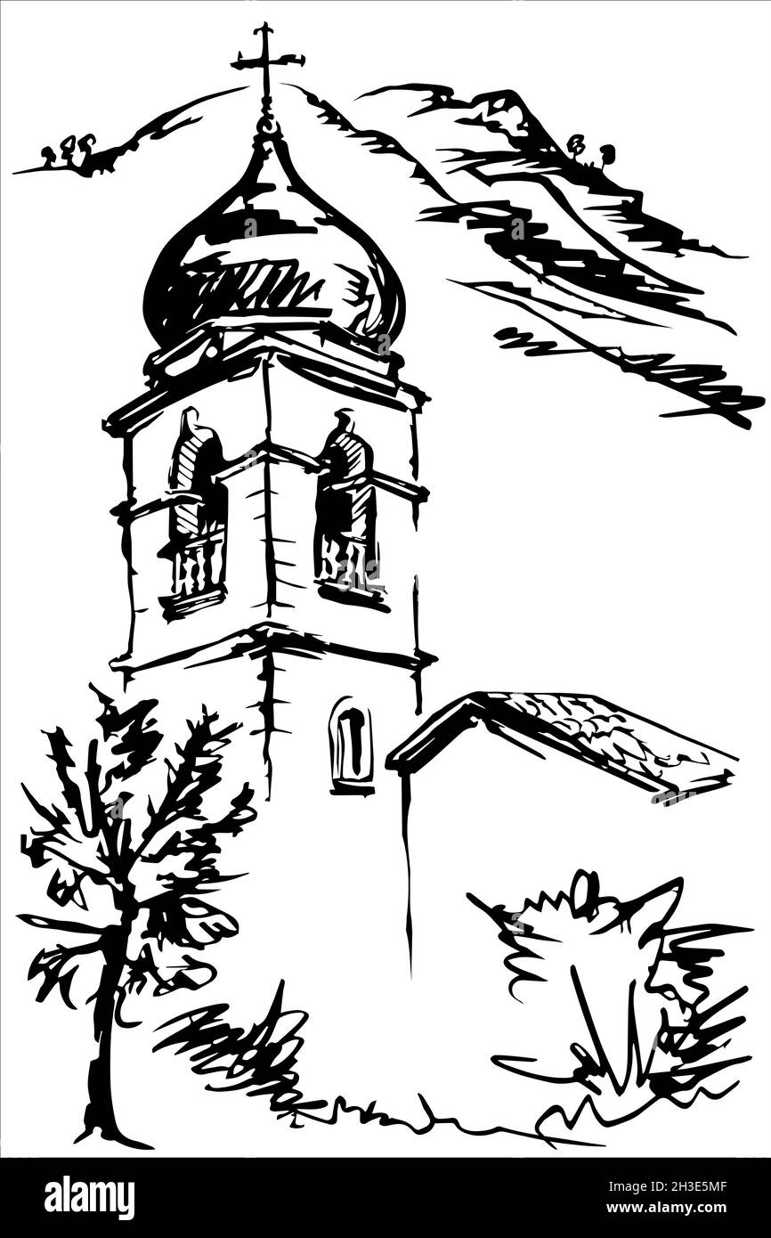 Fragment church against the backdrop of a mountain range. Black and white sketch. Stock Vector