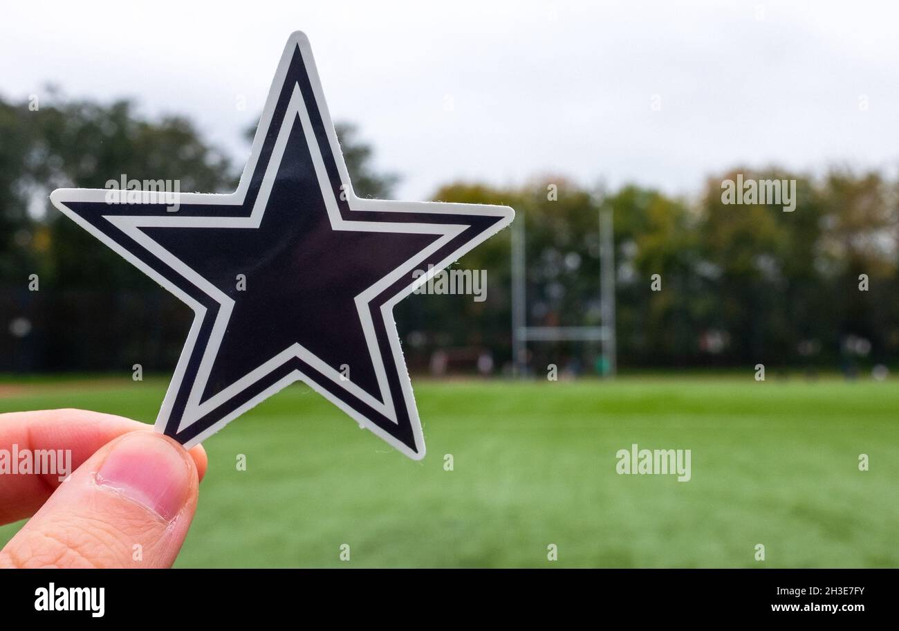 September 16, 2021, Arlington, TX. Emblem of a professional American football team Dallas Cowboys based in the Los Angeles metropolitan area at the sp Stock Photo