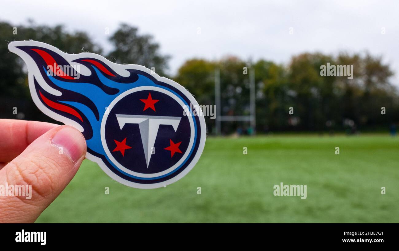 September 16, 2021, Nashville, Tennessee. Emblem of a professional American football team Tennessee Titans based in Nashville at the sports stadium. Stock Photo