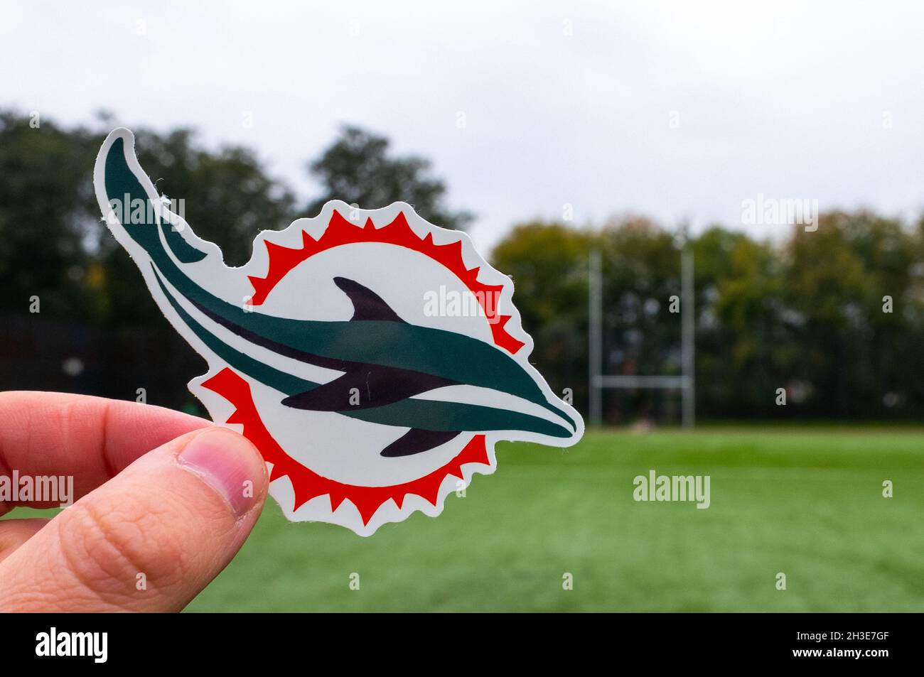 September 16, 2021, Miami, Florida. Emblem A Professional American Football Team Miami Dolphins Based in The Miami Metropolitan Area in the sports sta Stock Photo