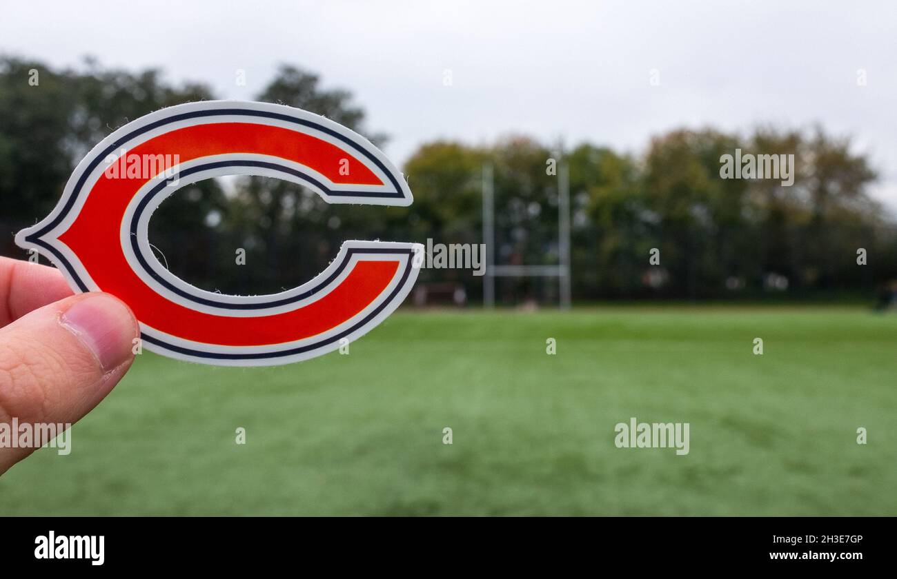 September 16, 2021, Chicago, Illinois. Emblem of a professional American football team Chicago Bears based in Chicago at the sports stadium. Stock Photo