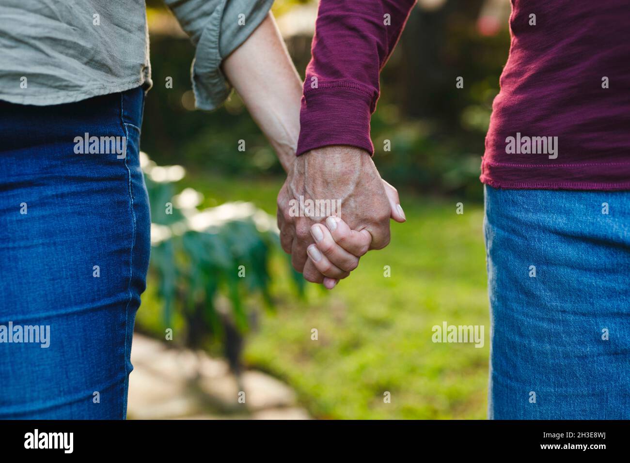 Midsection Of Senior Caucasian Couple Holding Hands Walking In Garden Retirement Lifestyle 6334