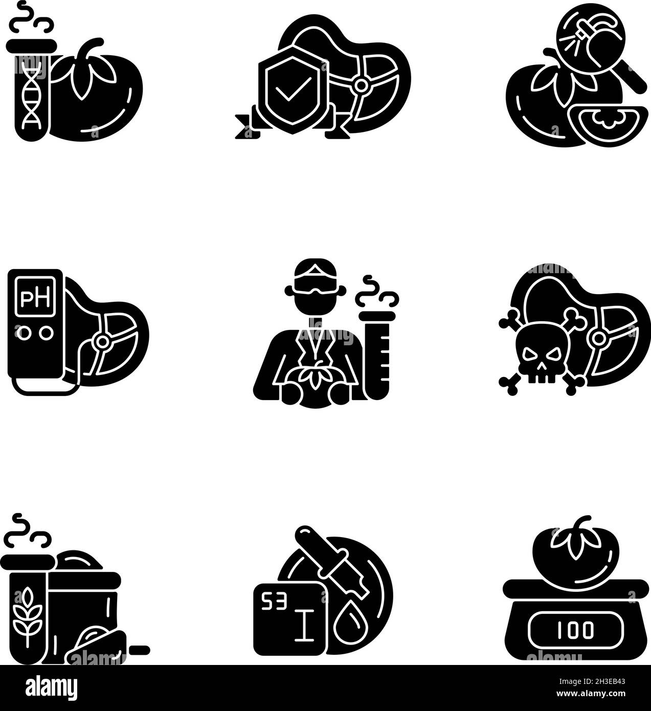 Organic products testing black glyph icons set on white space Stock