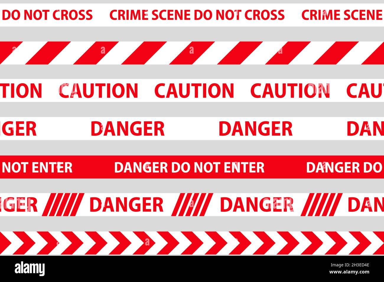 Danger, caution and warning seamless tapes. Red and white police stripe
