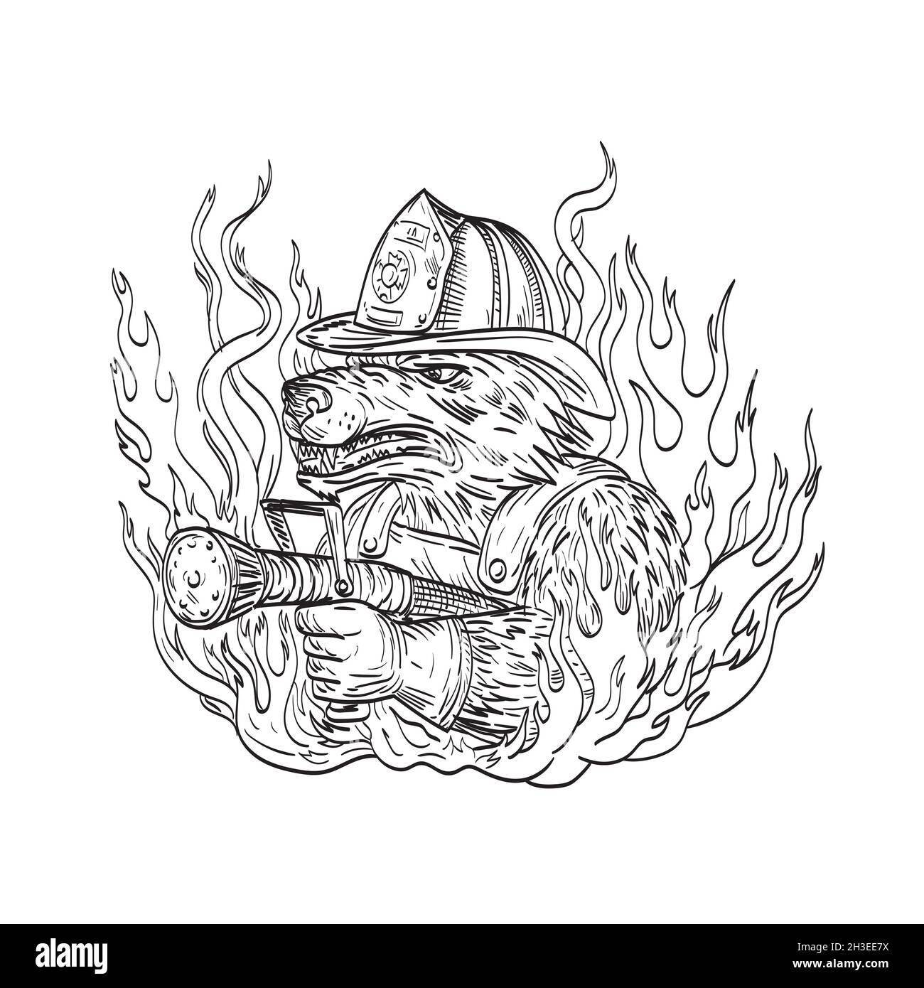 Grim Reaper Wearing a Fireman Firefighter Helmet Hat with Fire Axe Smoke  and Fire Tattoo Drawing Black and White 4191929 Vector Art at Vecteezy